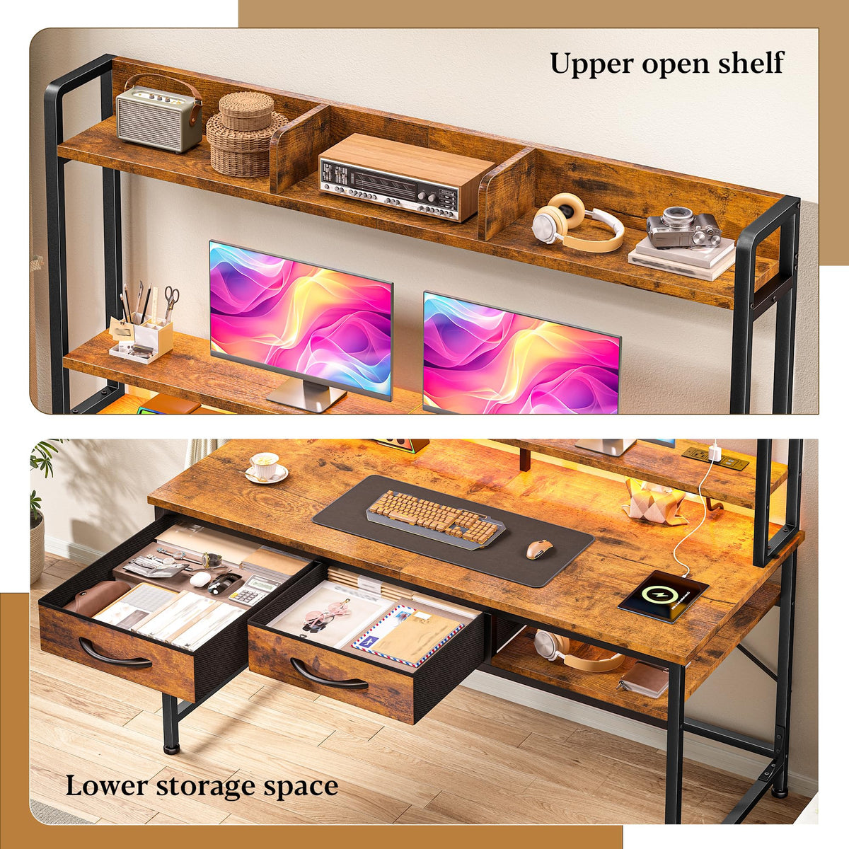 39.4"Office Desk with 2Drawers&Hutch,Computer Desk with Storage Rack&Monitor Stand,Gaming desk with LED&Power Outlet,Modern Study Writing Desk for Bedroom Home Office,Small Space,Rustic Brown