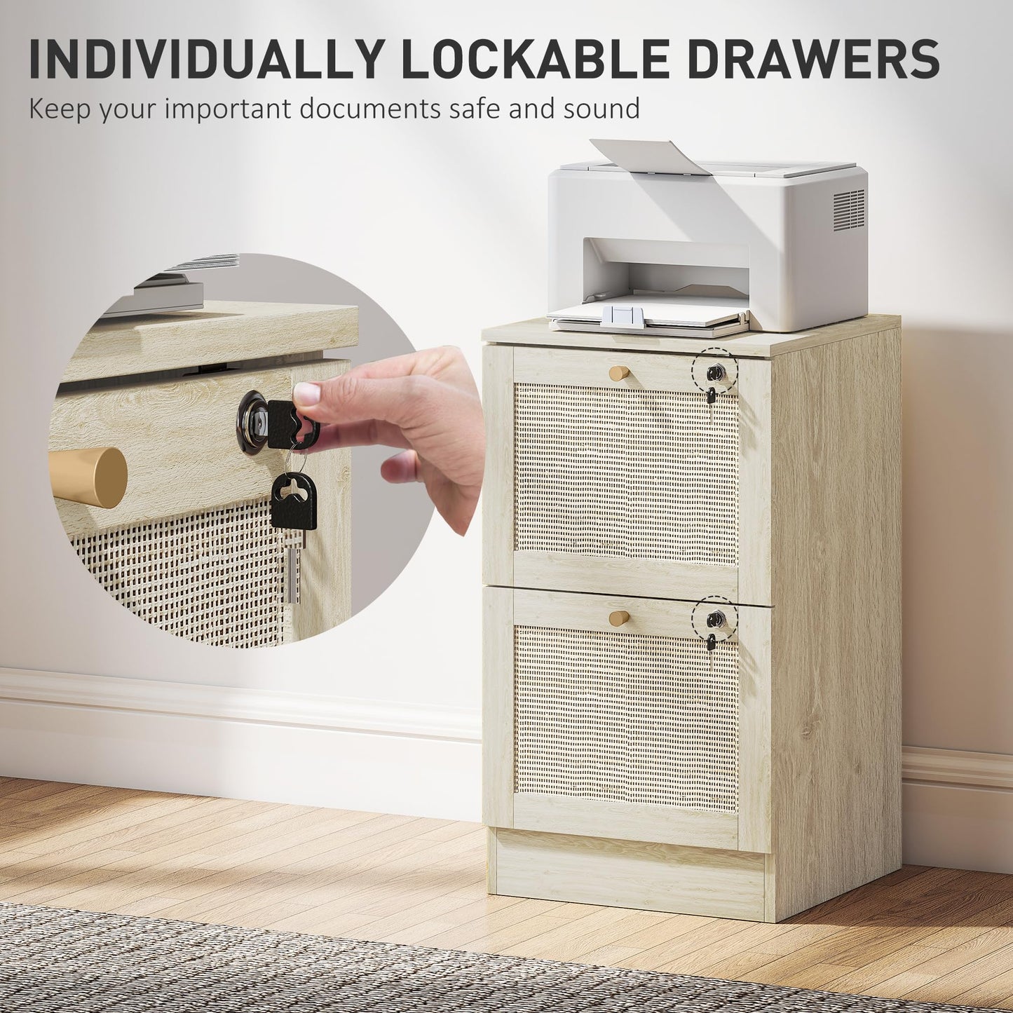 HOMCOM 2 Drawer File Cabinet with Lock, Boho Vertical Filing Cabinet for A4 Letter Size Files, Printer Stand with Decorative Rattan Accents for Home Office, Oak