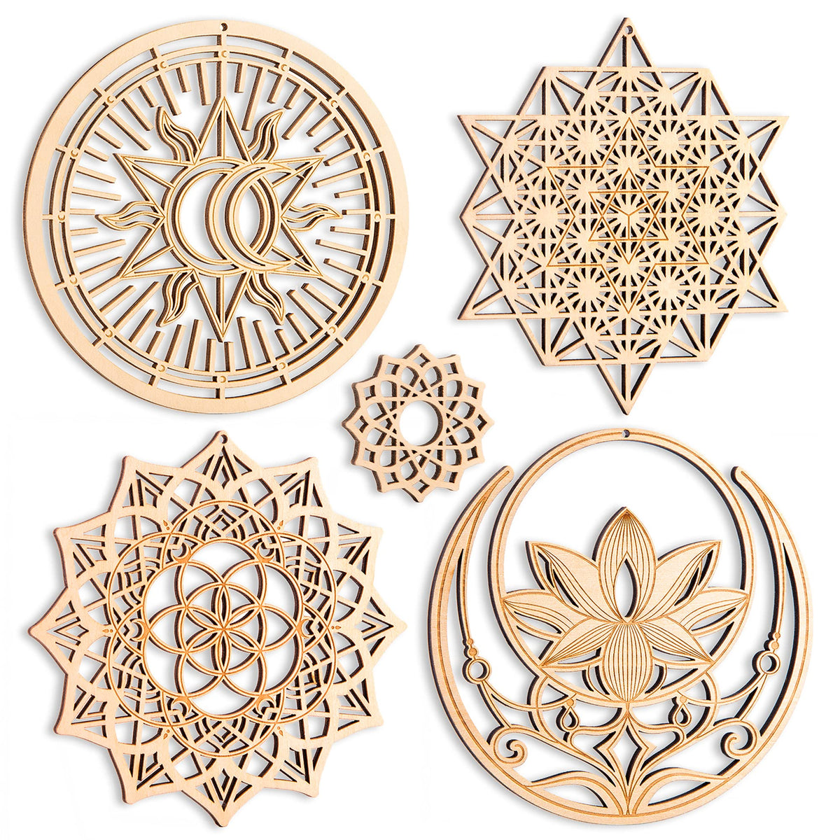 Qallicon 5.31" Sacred Geometry Wall Art 4 PCS Set, (Mandala, Buddha Lotus, 64 Star Tetrahedron, Sun Moon and Stars) Crystal Grid Meditation Chakra Wooden Wall Art Yoga Decor Spiritual Gifts