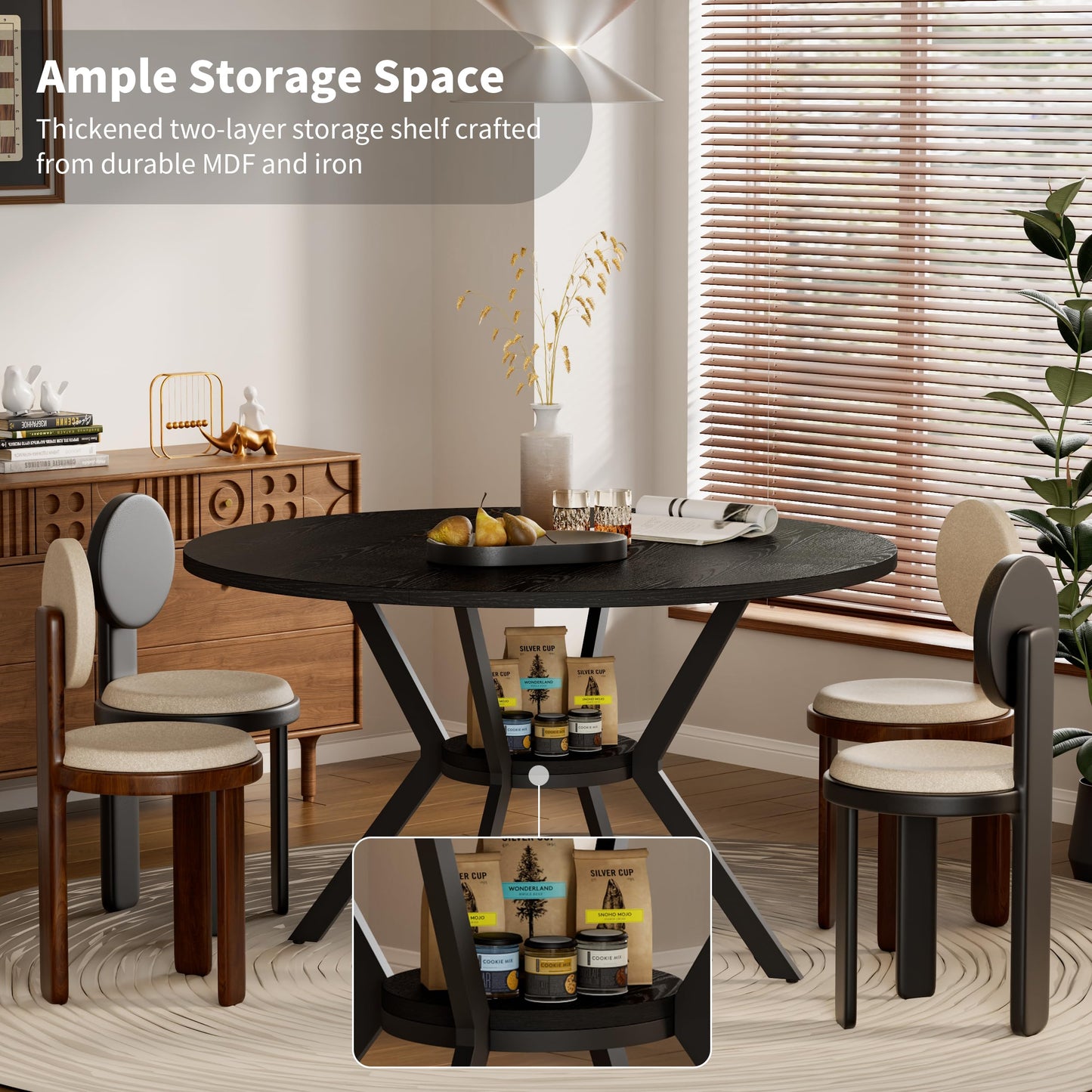Black Dining Table for 2-4, 42 Inch Round Kitchen Table with Storage, Wooden Circle Dinner Table with Metal Legs, Rustic Mid Century Modern Dining Room Tables for Kitchen, Living Room, Dining Room