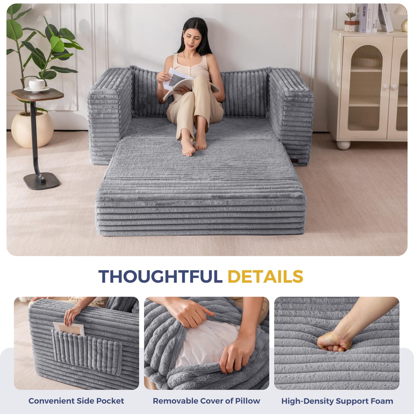 MAXYOYO Convertible Sofa Bed, 2 in 1 Folding Couch Bed for Small Space, Pull Out Loveseat Sofa Couch with Large Back Pillow, Plush Faux Fabric Lounge Couch for Living Room, Apartment, Grey