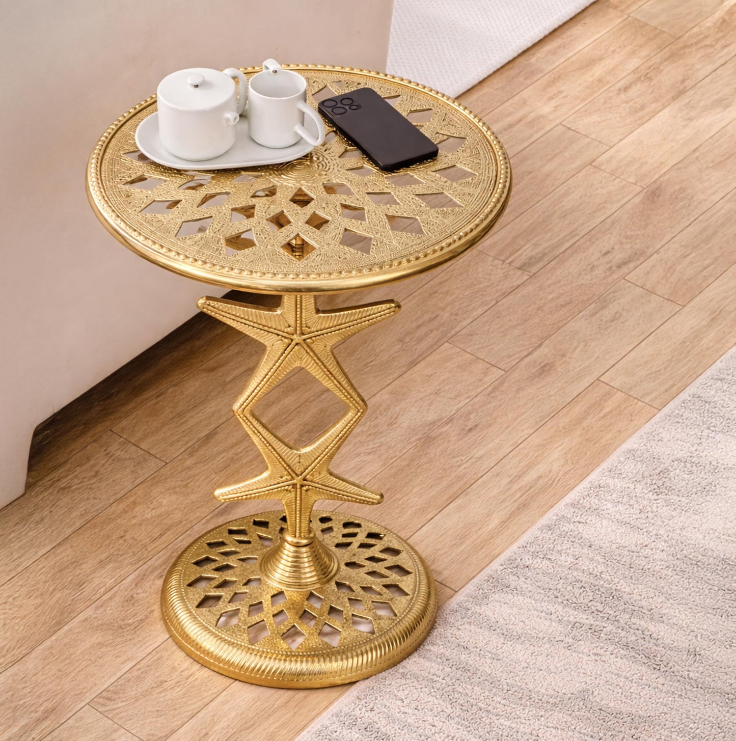 Round End Table with Metal Base for Living Room & Bedroom | Modern Side Table for Home, Office, Indoor & Outdoor Use | Pedestal Accent End Table, Gold, 15 x 19 Inch