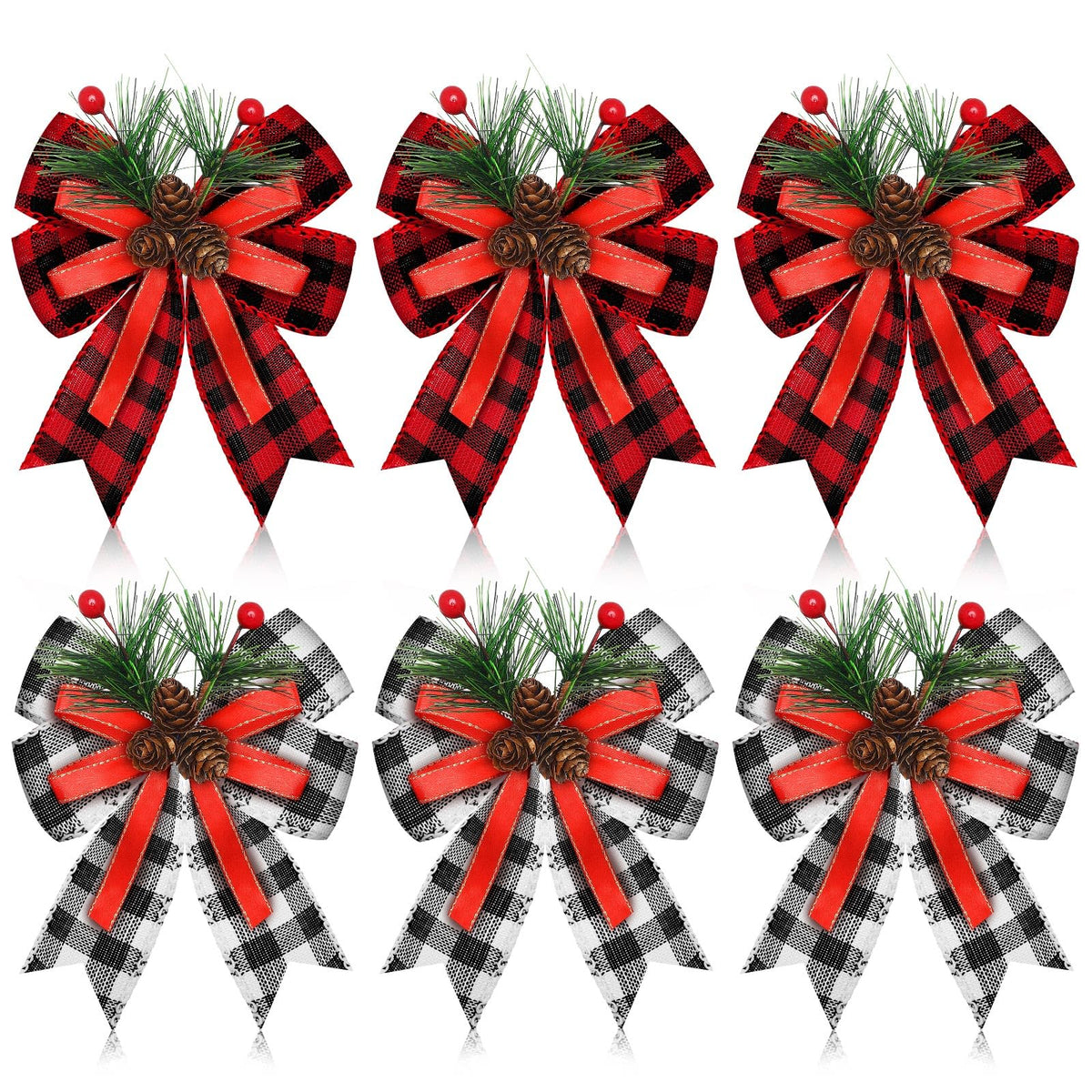 Syhood 6 Pcs Christmas Bows with Pine Cones Pine Needles Xmas Buffalo Plaid Bows Black White Plaid Ribbon Christmas Tree Wreath Decoration for Xmas Parties Indoor Outdoor Crafts DIY Decor