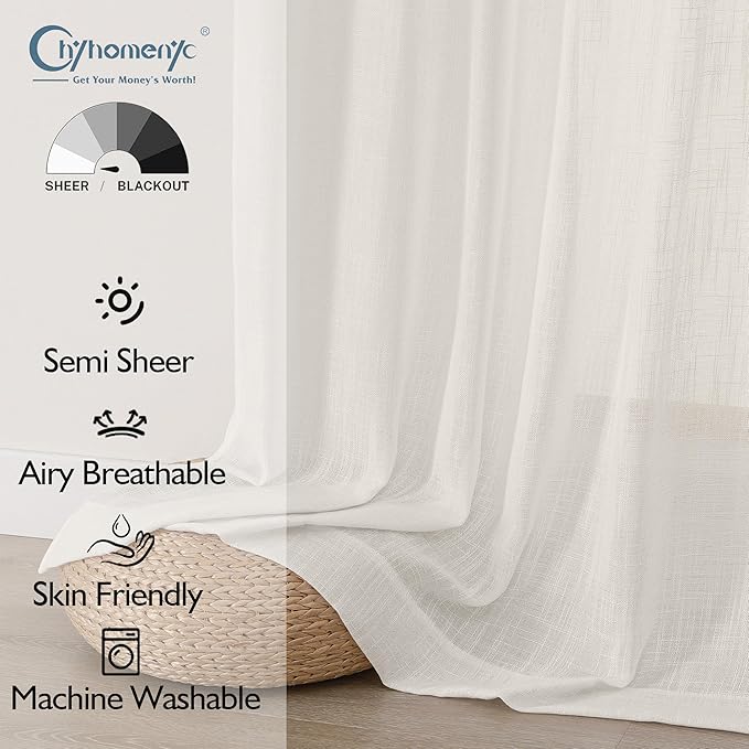 Chyhomenyc Ivory Semi Sheer Curtains 36 Inch Length, Light Filtering Faux Linen