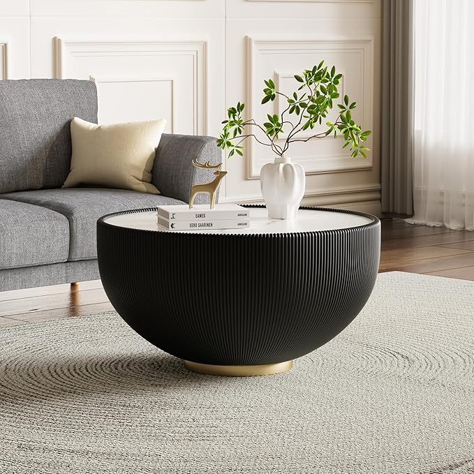 SSLine Bowl-Shape Coffee Table Modern Sintered Stone Top Coffee Table in Black