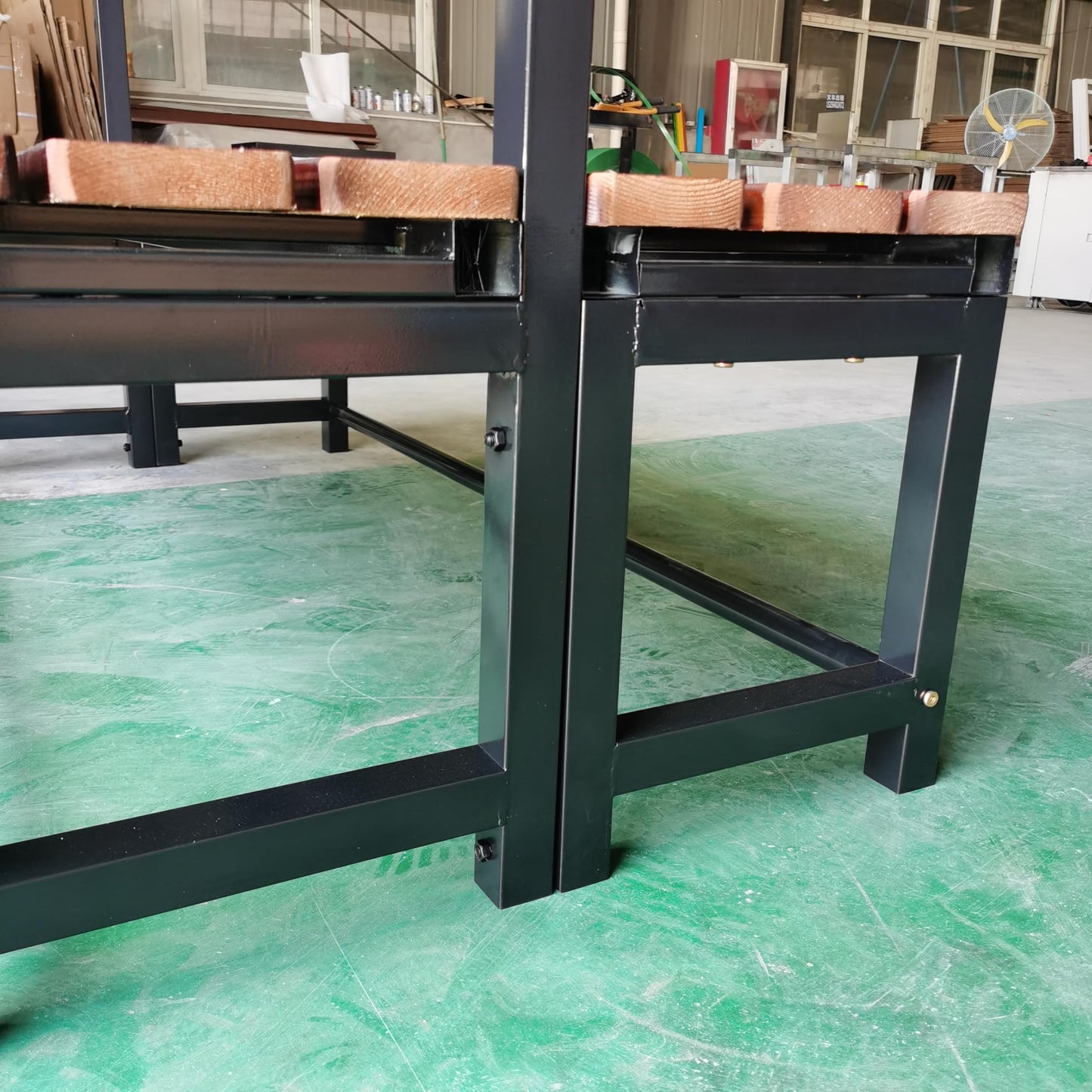 Industrial Locker Room Bench with Storage Rack, Double-Sided Wood Slat Seating, Black Metal Frame