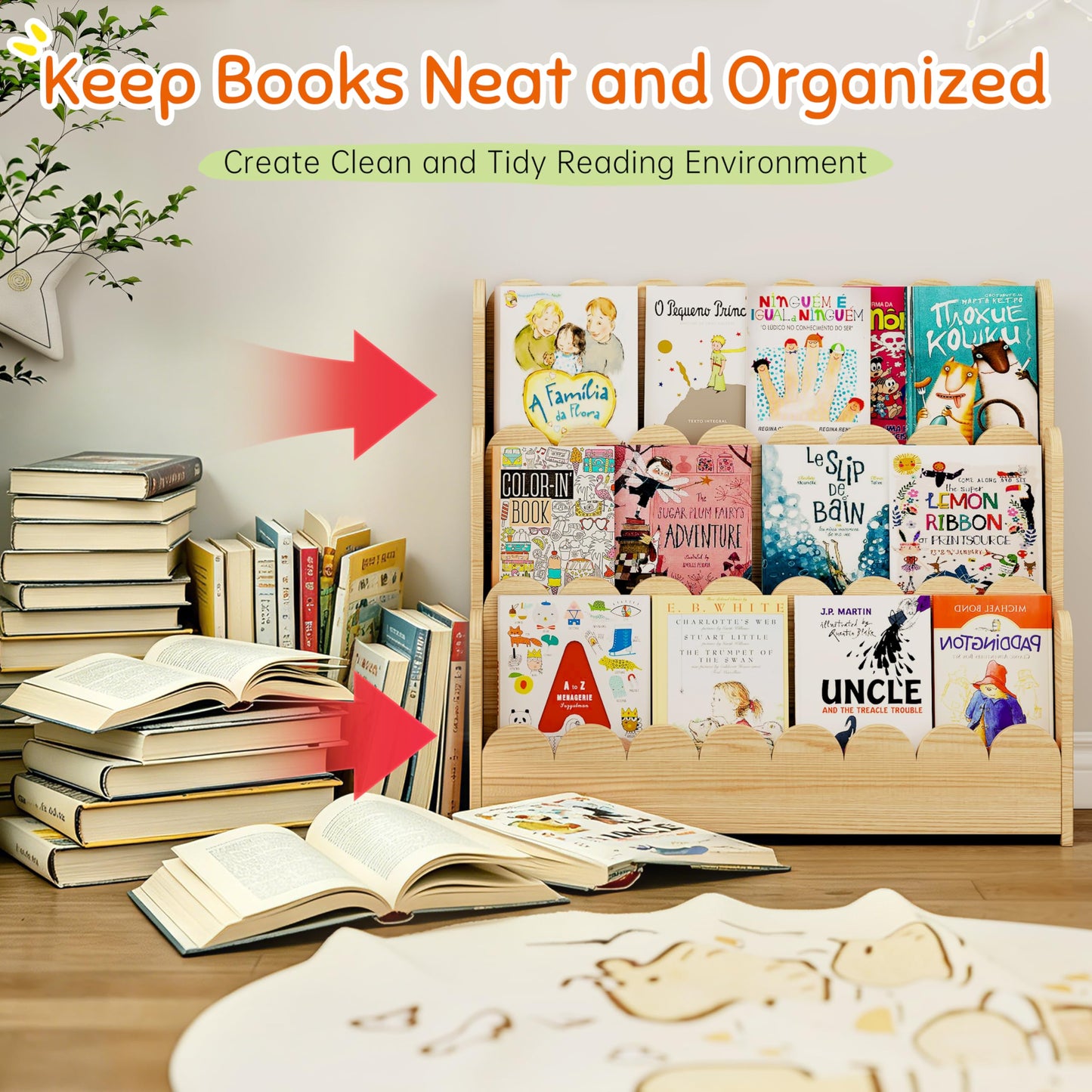 HADAMUYE 3-Tier Kids Bookshelf, Scalloped Montessori Bookshelf for Toddler and Baby, Small Childrens Bookcase, Solid Wood Book Shelf for Kids Room, Nursey, Playroom and Classroom, Natural