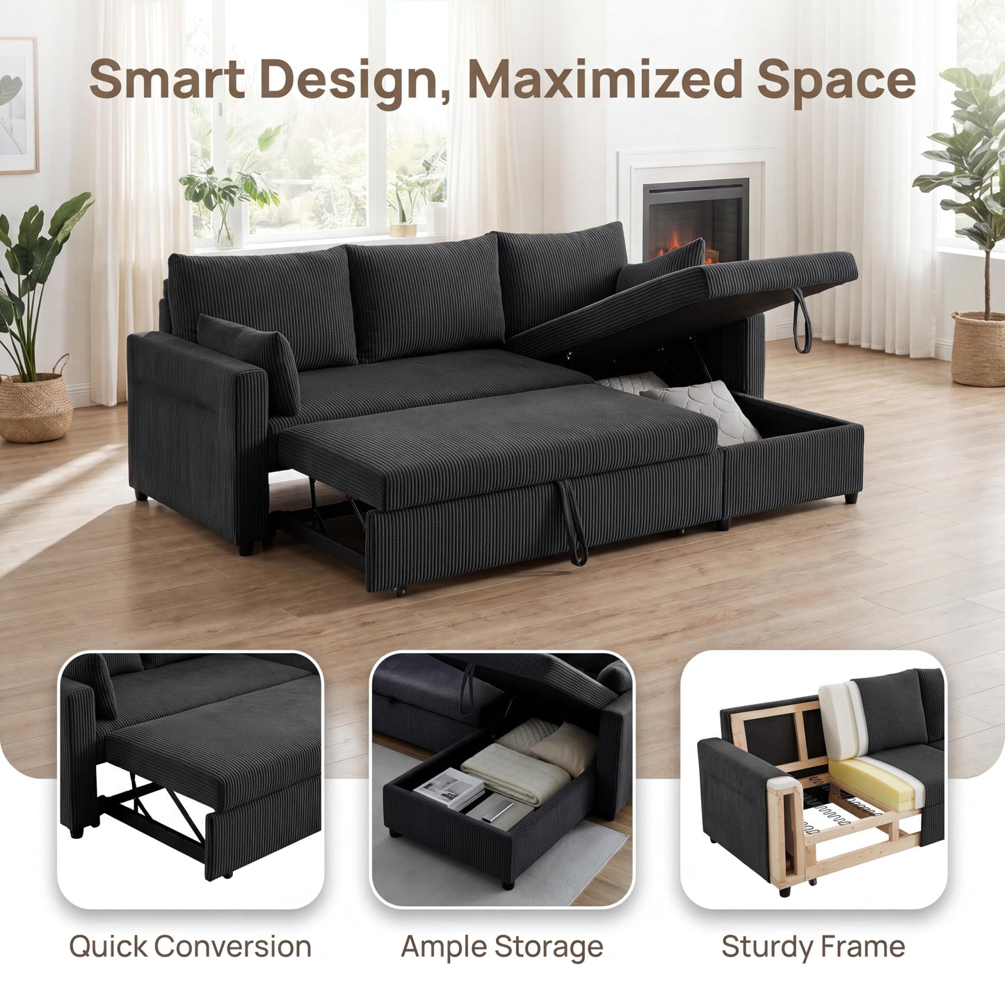 Trygoal Queen Sleeper Sofa, Convertible Sofa Bed with Storage, 85 Inch Sectional Couch with Pull Out Bed, L Shaped 3 Seat Sectional Sleeper Sofa for Living Room, Apartment, Black