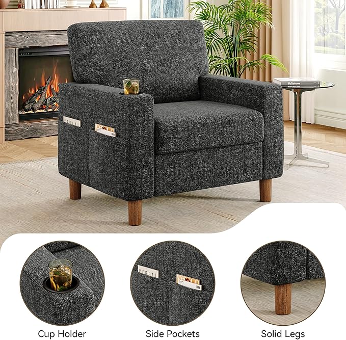 Mid Century Modern Accent Chair, Chenille Comfy Living Room Arm Chairs