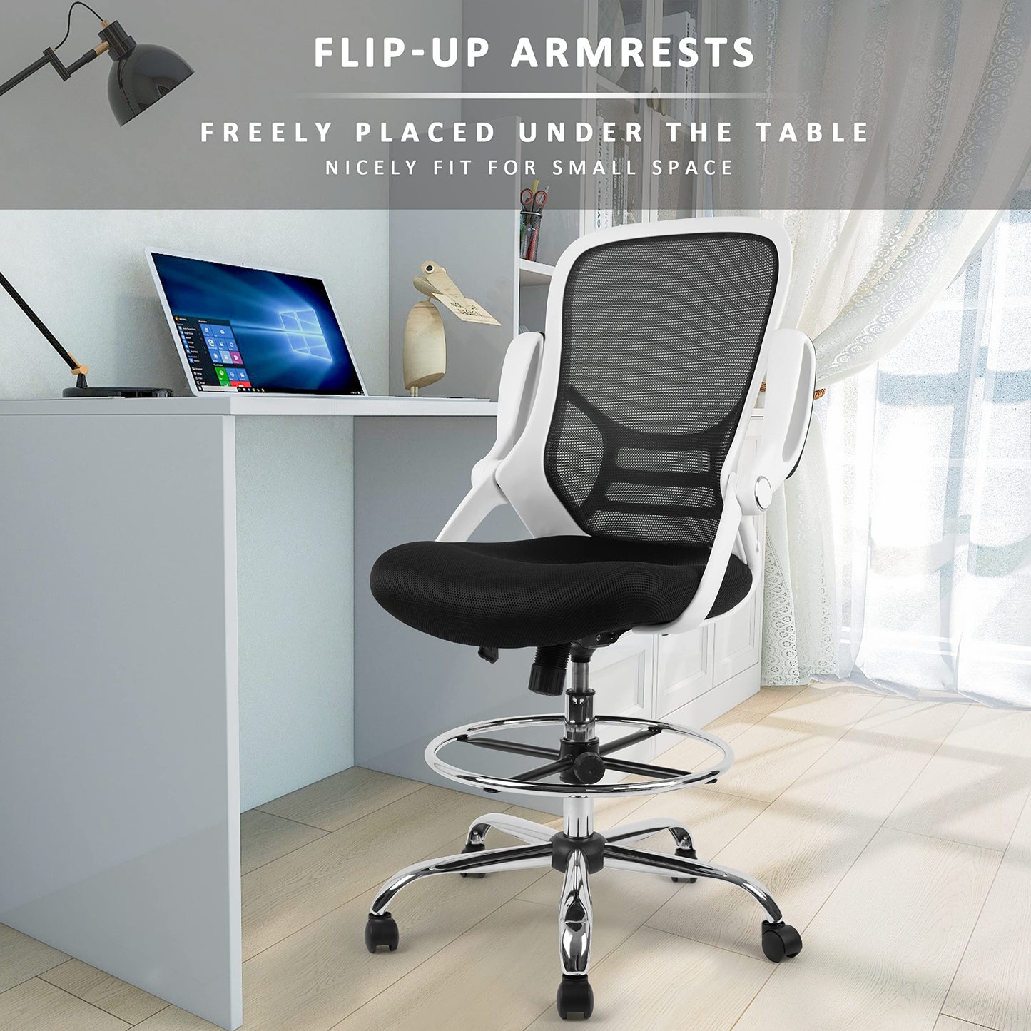 HYLONE Drafting Chair, Tall Office Chair Mesh Standing Desk Stool with Adjustable Foot Ring, Flip-Up Arms, White & Black