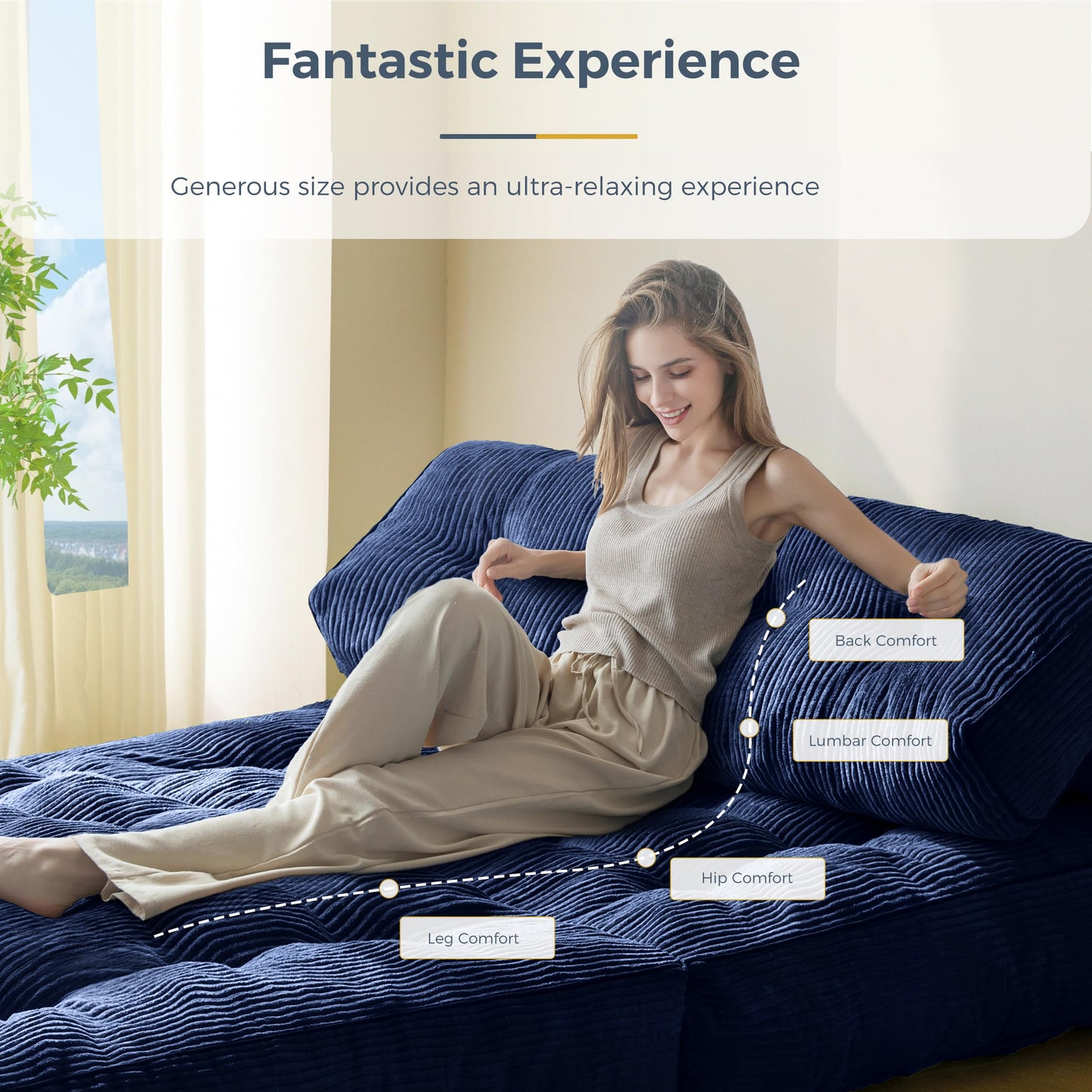 MAXYOYO Folding Sofa Bed, Convertible Chair with Pillow Foldable Couch with Back Support, Portable Fold Out Chair Bed Comfy Floor Sofa Lounge for Living Room Bedroom, Navy Double