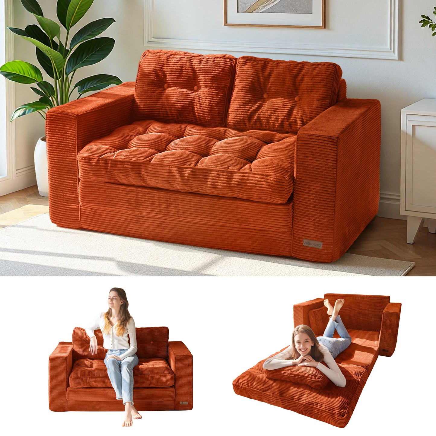 MAXYOYO Convertible Sofa Bed, Pull Out Loveseat Sofa Couch, 2 in 1 Folding Couch Bed, Fold Out Floor Couch with Pillows for Living Room Bedroom Lounge