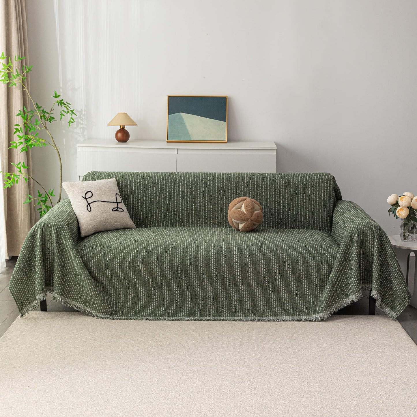 MYSKY HOME Loveseat Cover Moss Green Couch Cover Sectional Couch Covers for 2 Cushion Couch Sofa Thick Universal Chenille Sofa Cover with Tassel Durable Furniture Protector for Dogs 91" x 118"