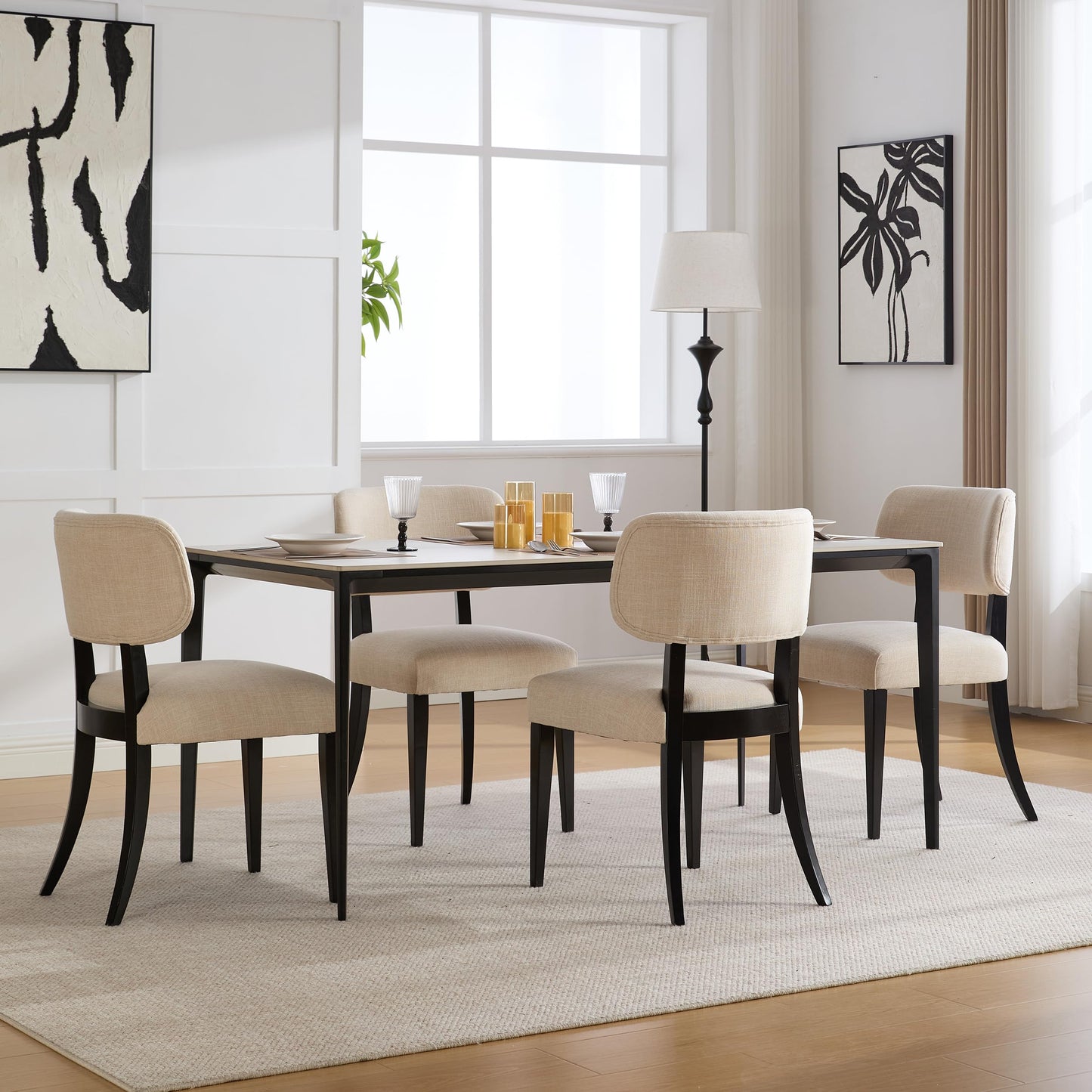 Wood Upholstered Dining Chairs Set of 2, Modern Linen Fabric Accent Side Seating with Padded Backrest, Armless Farmhouse Kitchen Room Furniture for Breakfast Nook Apartment Restaurant (Beige)