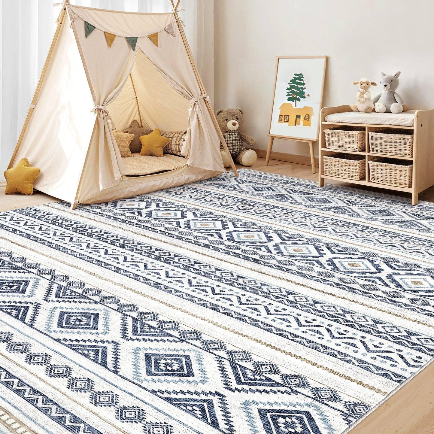 cotiled 5x7 Area Rugs Living Room Rug: Washable Boho Rugs with Non Slip Backing Large Soft Indoor Stain Resistant Carpet for Bedroom Farmhouse Dining Room Lightweight Home Decor Blue
