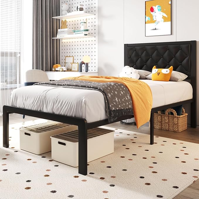 Fluest Twin Bed Frame with Headboard PU Leather Upholstered Bed Frame Platform