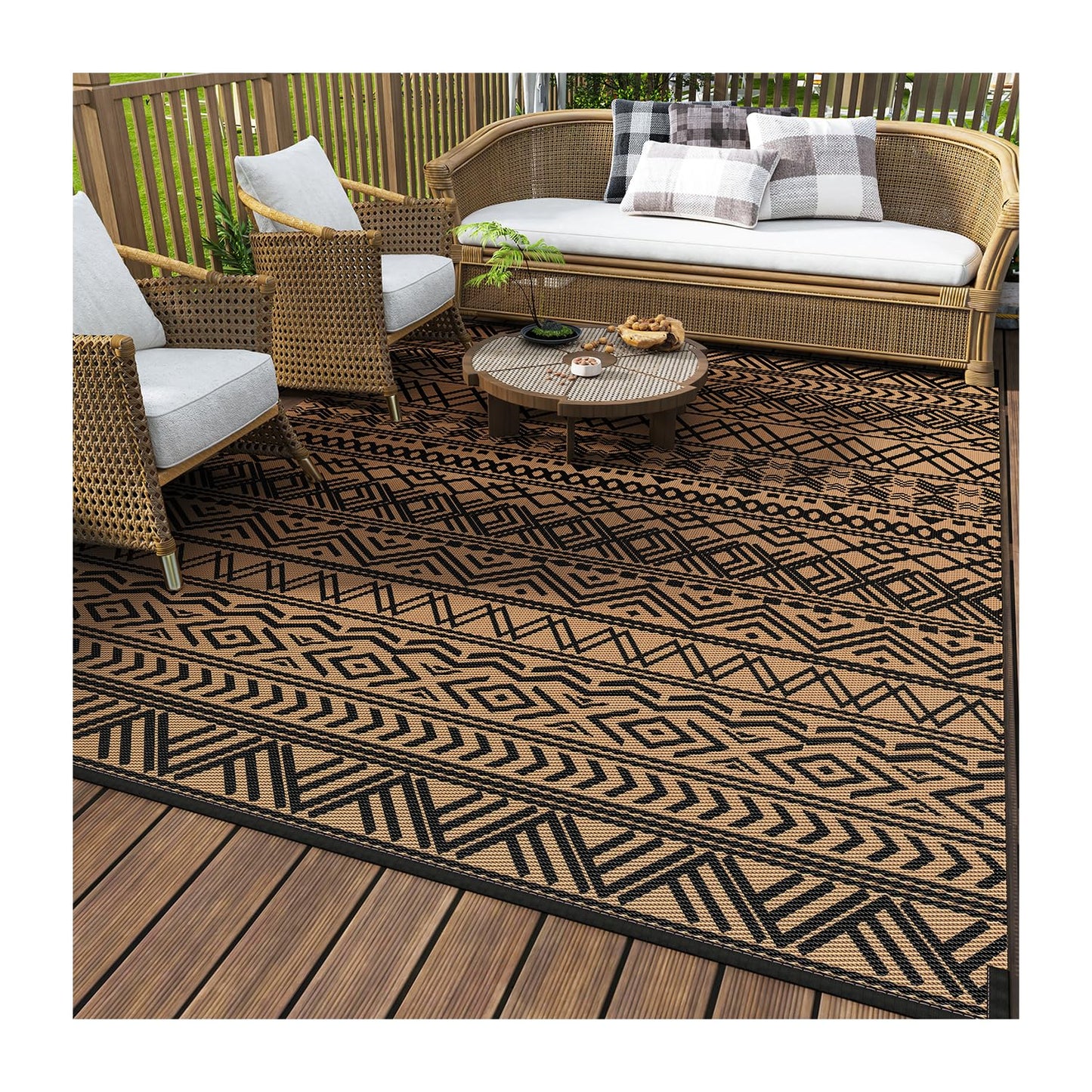 MontVoo-Outdoor Rug Carpet Waterproof 5x8 ft Reversible Patio Rug RV Camping Rugs Plastic Straw Outside Indoor Outdoor Area Rugs for Patio Deck Balcony Picnic Beach Outdoor Decor Boho Black Brown