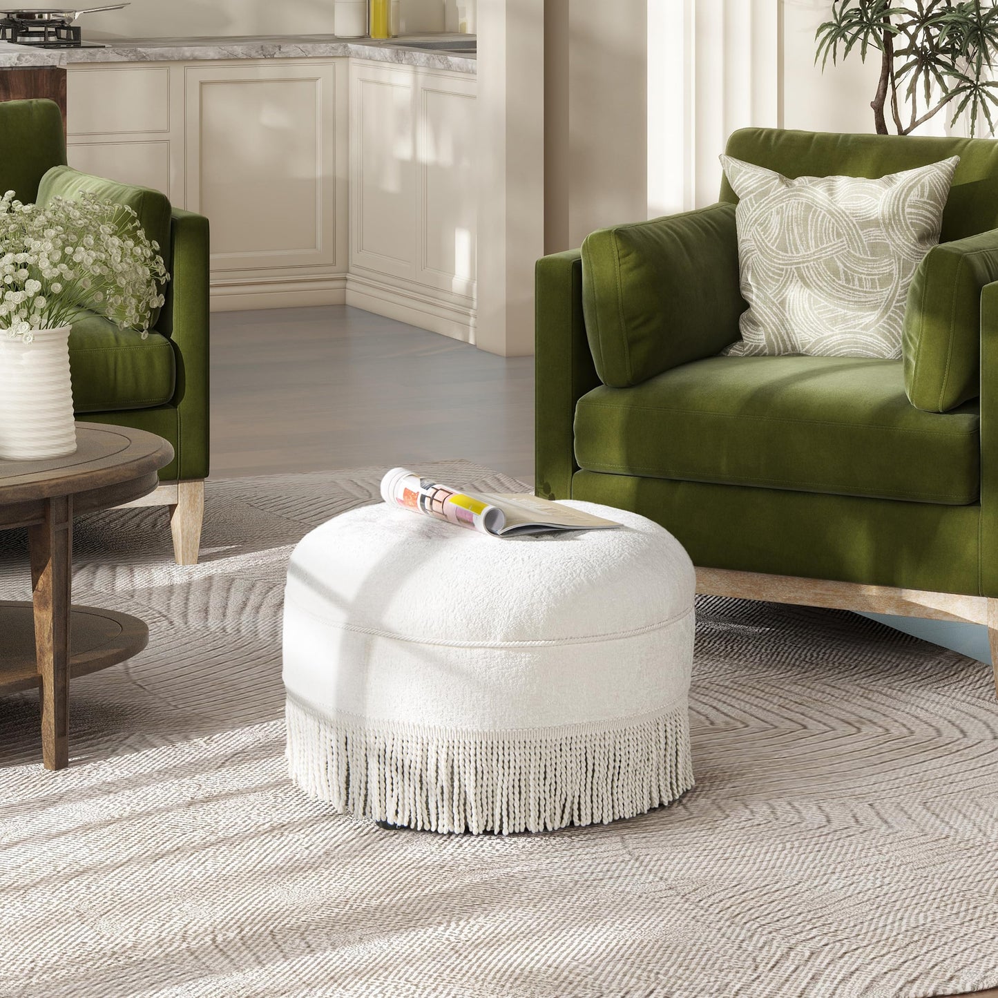 Jennifer Taylor Home Yolanda 24" Round Upholstered Accent Ottoman in Almond White Chenille