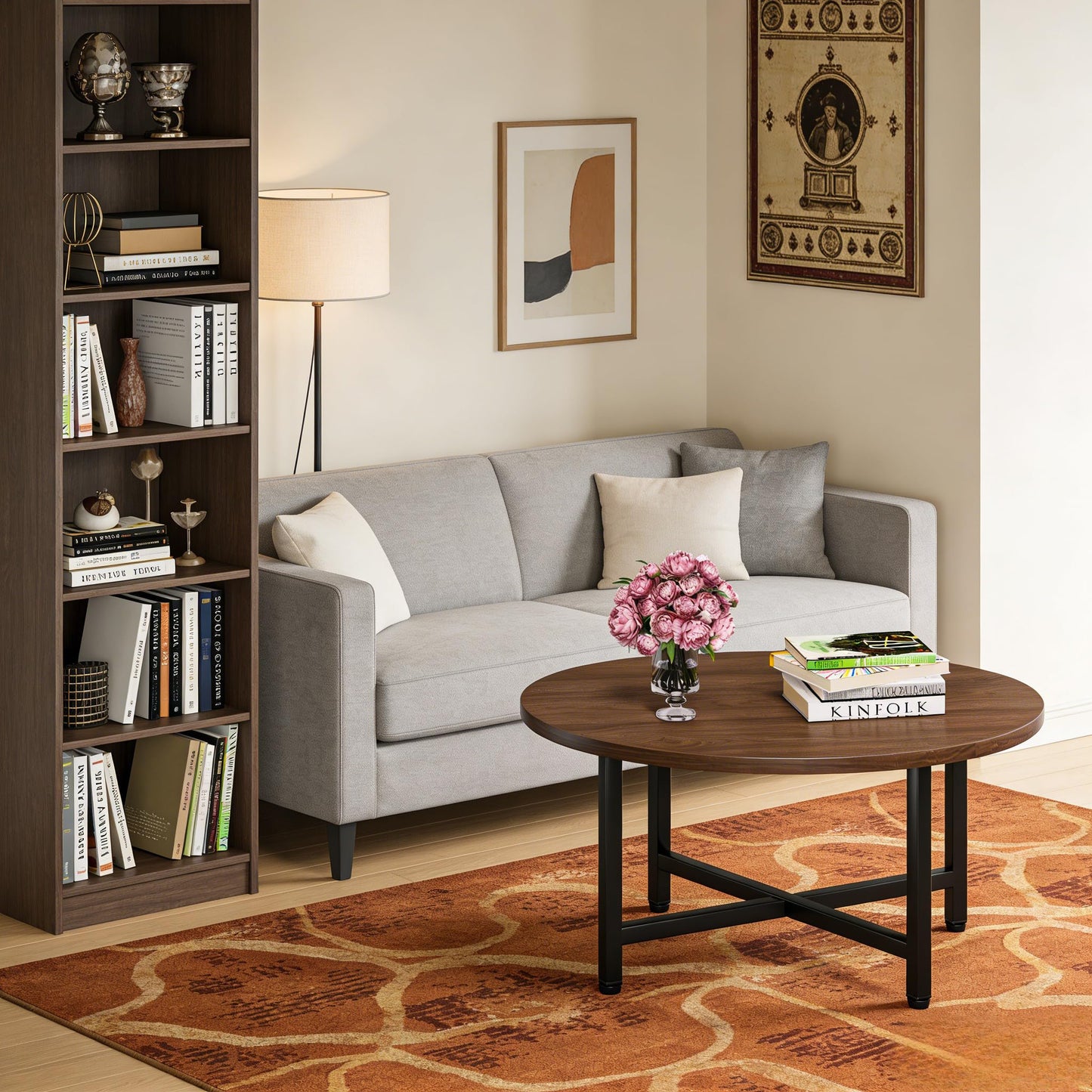 FAMIDGE Coffee Table, 23.6" Coffee Tables for Living Room, Round Coffee Table with Metal Frame, Floor Table for Sitting on The Floor, Home, Office, Dark Walnut