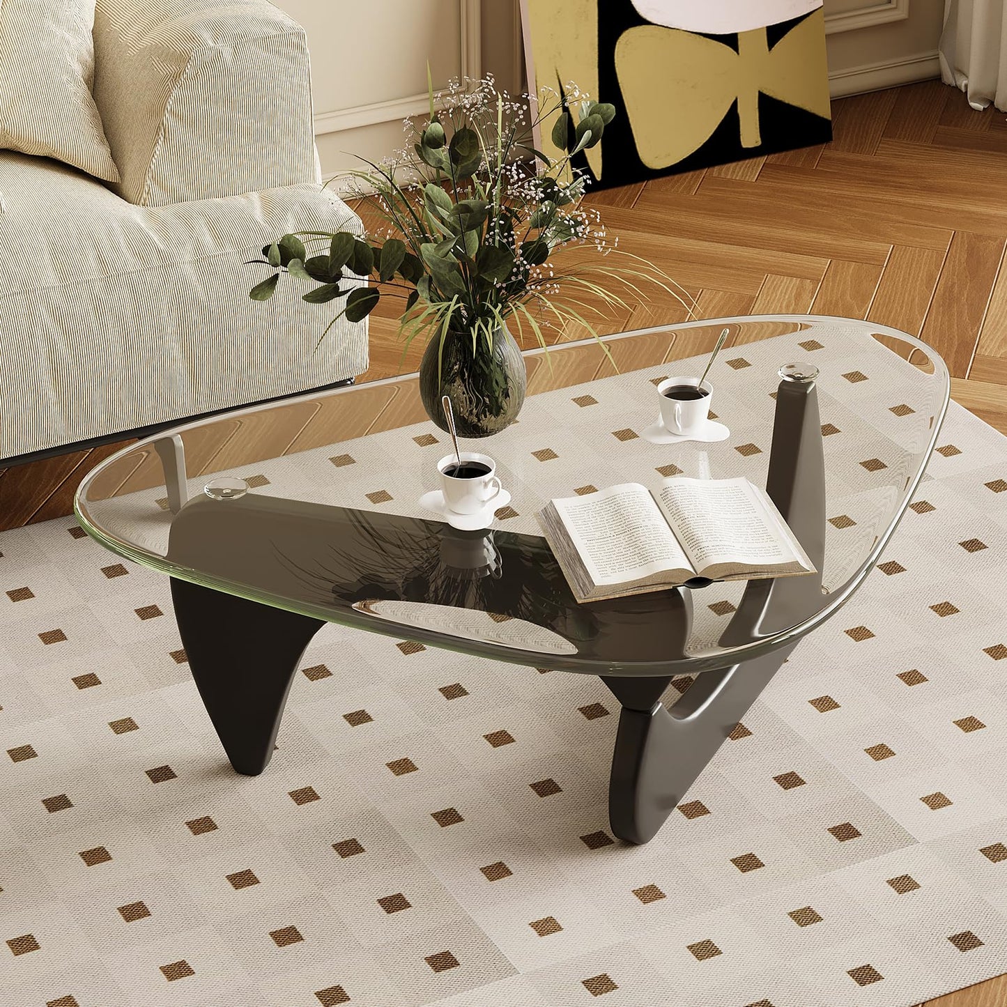 JCAJCA Coffee Table for Living Room Mid Century Modern Center Table with Glass Top, 32 Inch, Black/Transparent