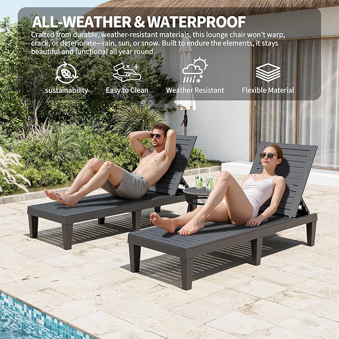 Outdoor Chaise Lounge Chairs Set of 2, 5-Position Adjustable Tanning Lounge