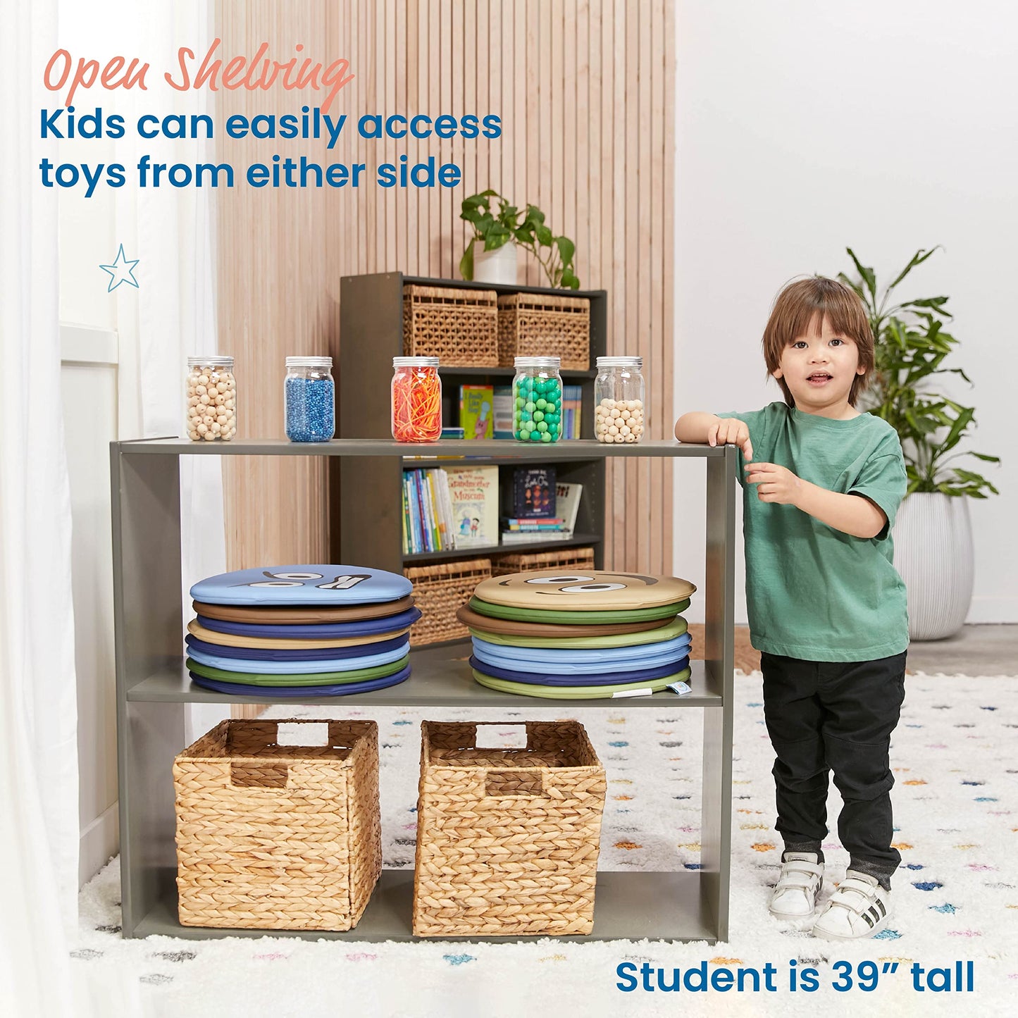 ECR4Kids Streamline 2-Shelf Double-Sided Storage Cabinet, 30in, Classroom Furniture, Grey Wash