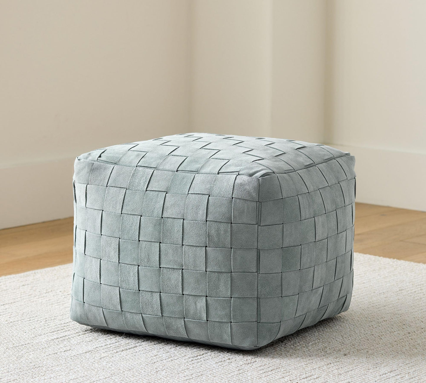 Luxury Handcrafted Suede Basketweave Pouf Ottoman – Soft & Durable Floor Cushion, Footrest, Accent Seating for Living Room, Bedroom, Office Stylish Modern Home Décor (Chambray, 18" x 18" x 14")