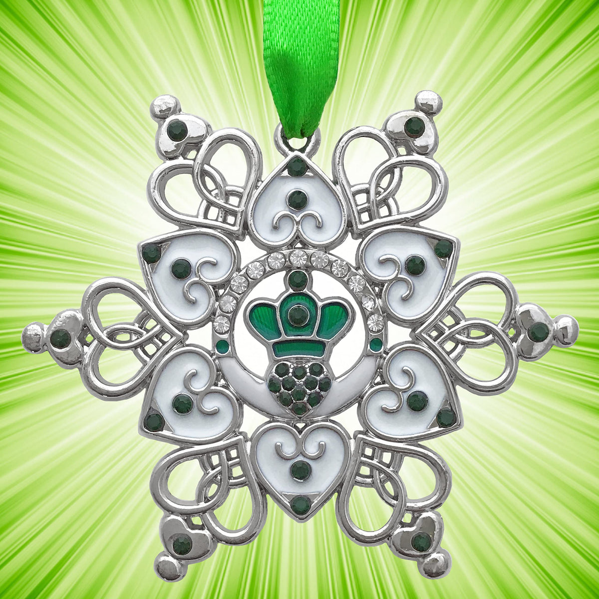 Irish Christmas Ornament Claddagh Snowflake, Filigree Metal Celtic Holiday Decoration with Green Jewels, 3 x 3 Inch Gift Ornament with Storage Bag, Irish Blessing for Family, Friends, Mom, Grandma
