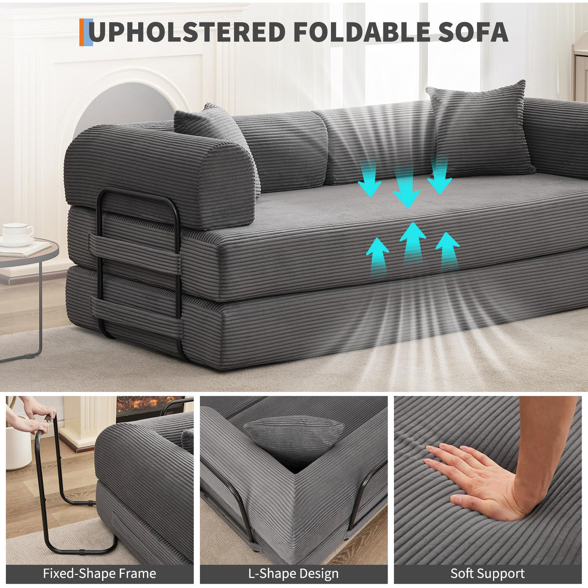 4 in 1 Convertible Sleeper Sofa Bed, 78.7" Boneless Corduroy Floor Couch with Pillows, Folding Futon Loveseat, Deep Seat Pull Out Sofa for Living Room, Apartment, Bedroom, No Assembly Required, Gray