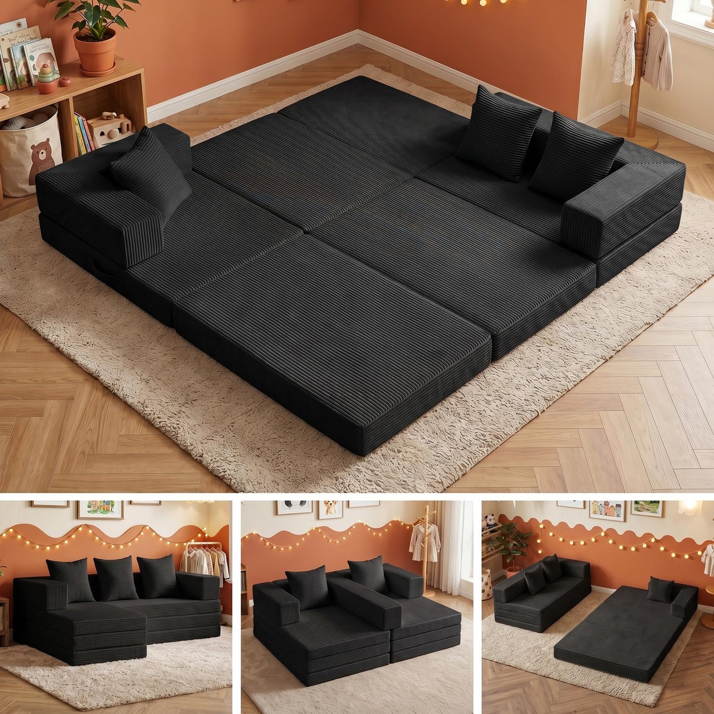 6-in-1 Boneless Couches Modular Sectional Sofa | Cloud Couch Sectional & Tri-Folding Mattress | Corduroy Pet-Friendly Convertible Sofa Bed with 800LB Capacity Living Room, Apartment, Guest Room