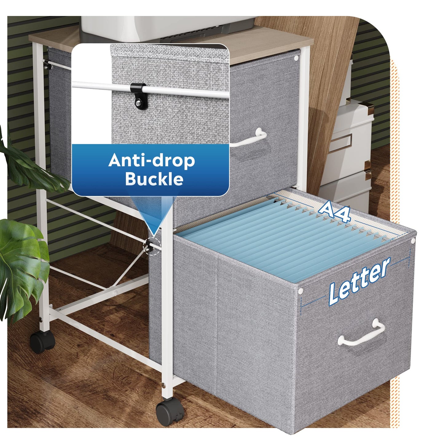 DEVAISE 2 Drawer Mobile File Cabinet, Rolling Printer Stand, Fabric Vertical Filing Cabinet fits A4 or Letter Size for Home Office, Light Grey
