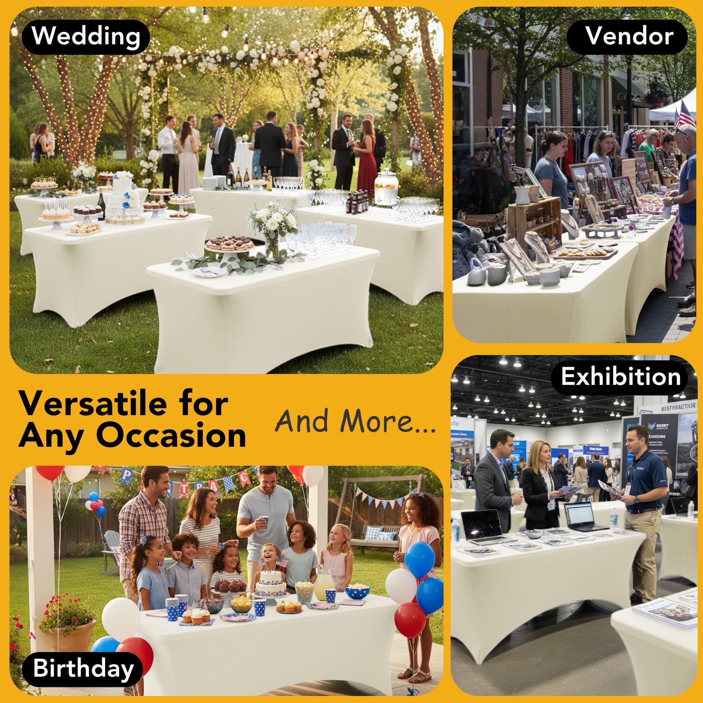 Dailyset 6-Pack Premium Cream Spandex Tablecloths for 6ft Rectangle Tables, Stain & Wrinkle-Resistant, Washable Stretch Polyester Fitted Table Cover for Weddings, Banquets, Trade Shows Events