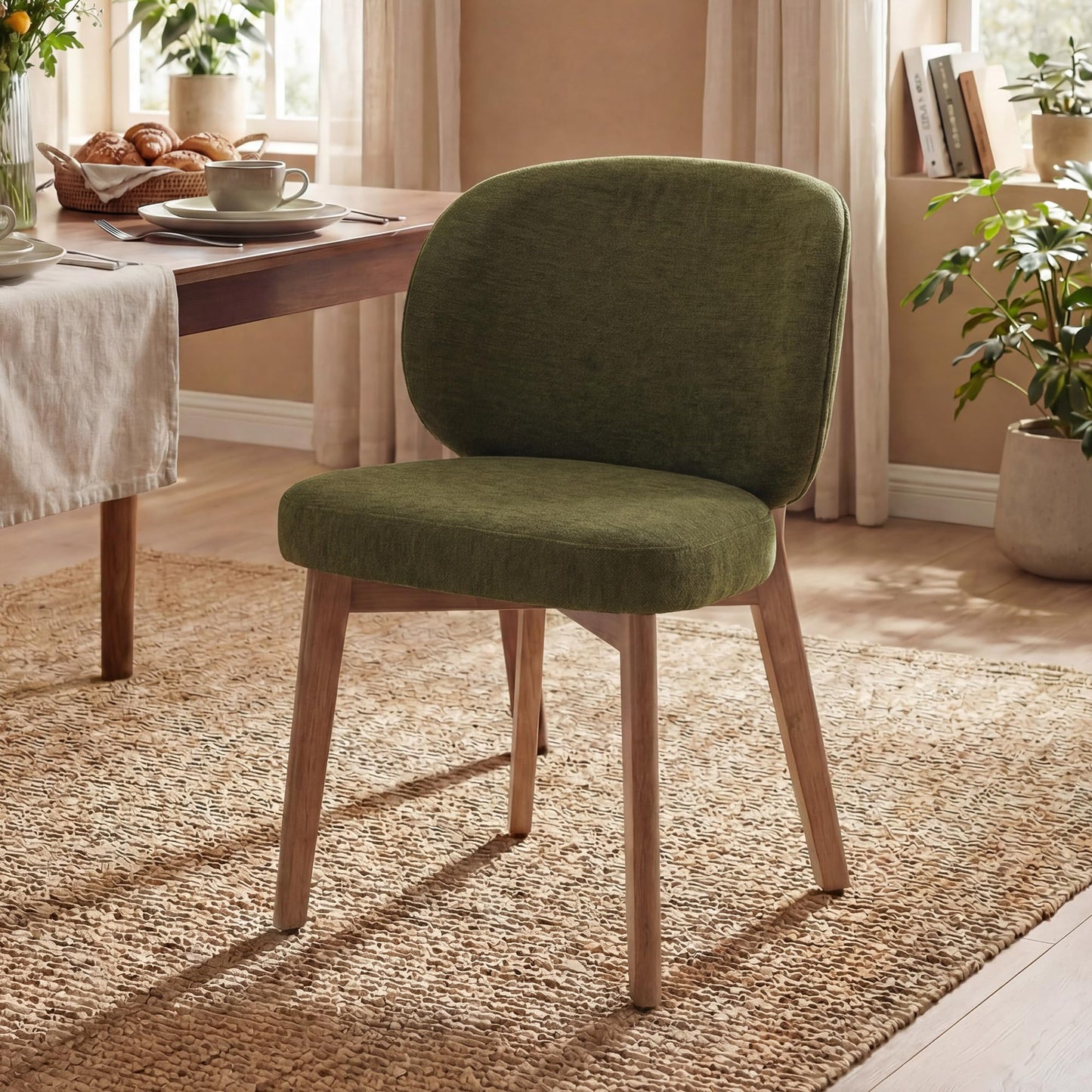 YOUNIKE Olive Green Dining Chair with High Back Single Mid Century Modern Kitchen Chair Boucle Fabric Upholstered Armless Accent Chair 20" Wide Padded Seat with Wooden Legs for Living Room Bedroom