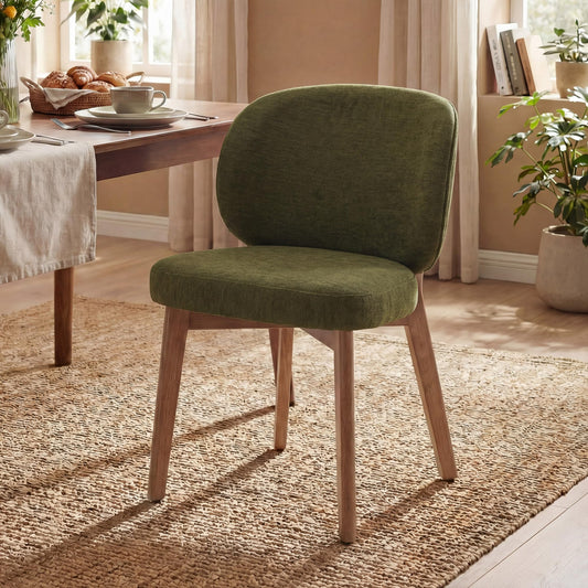YOUNIKE Olive Green Dining Chair with High Back Single Mid Century Modern Kitchen Chair Boucle Fabric Upholstered Armless Accent Chair 20" Wide Padded Seat with Wooden Legs for Living Room Bedroom