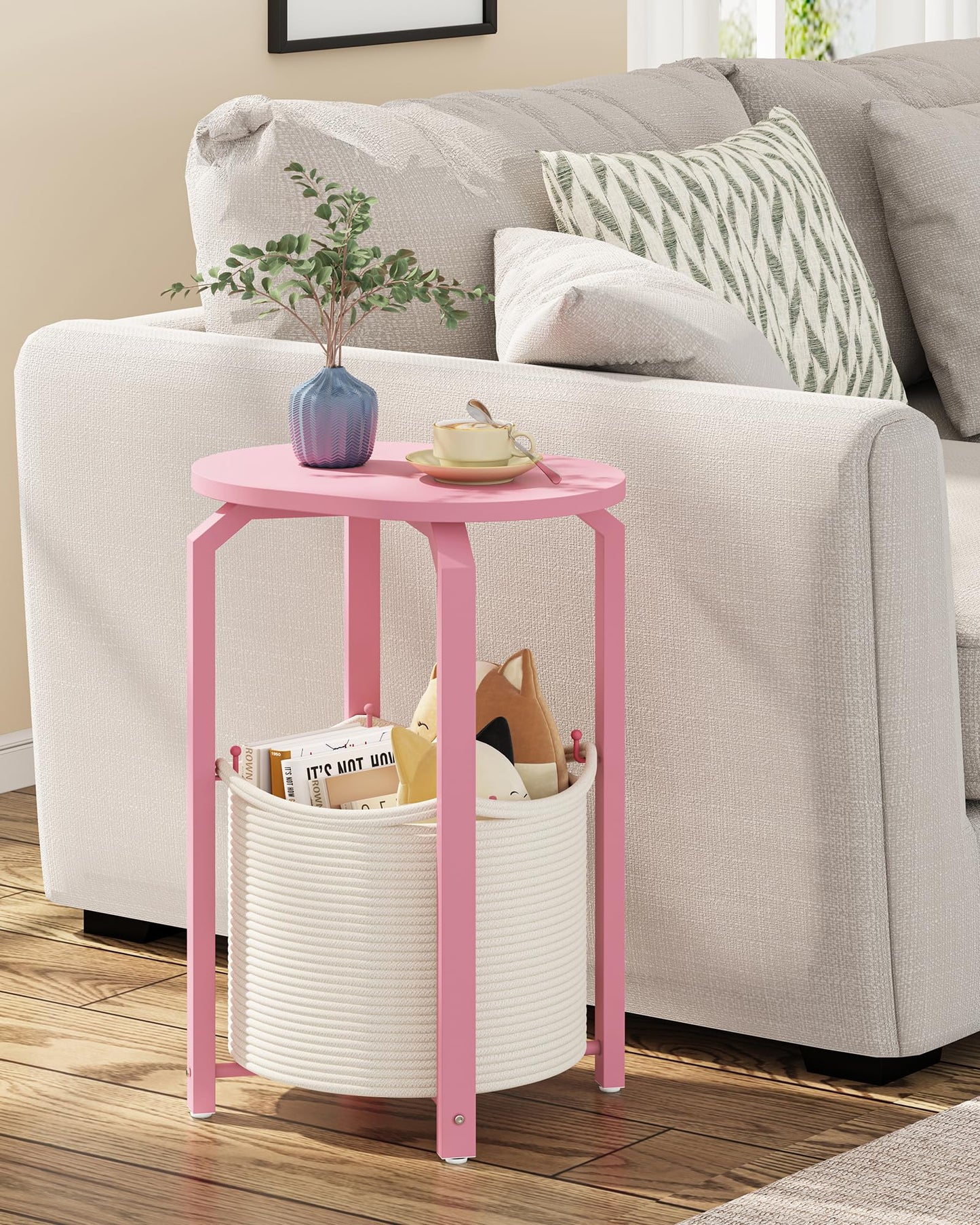 TUTOTAK Set of 2 Oval End Tables with Woven Storage Baskets, Pink Small Side Tables for Living Room, Bedroom, Pink TB01BP0932