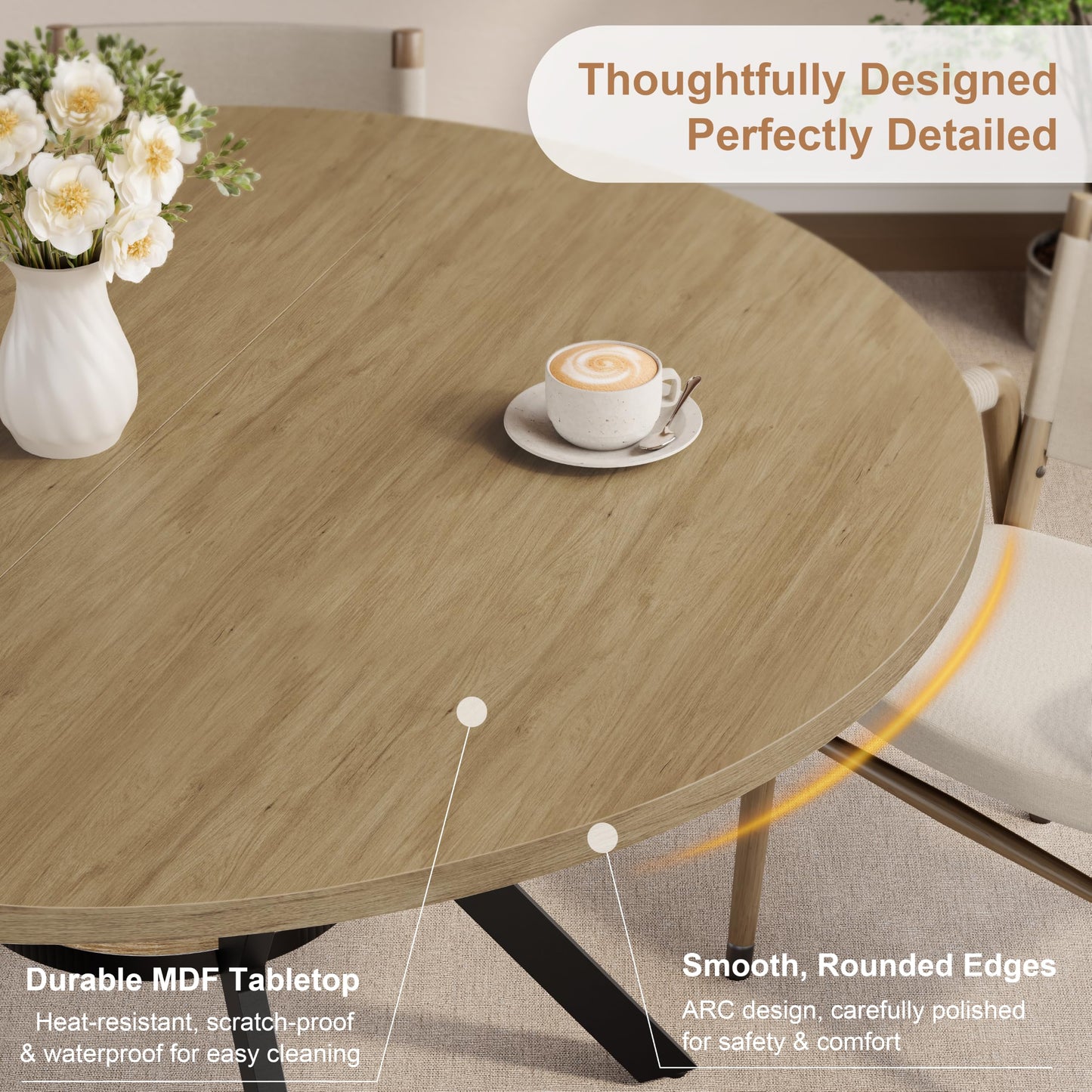 MECHYIN 42'' Round Dining Table for 2–4, Farmhouse Round Kitchen Table with Storage Shelf, Pedestal Dinner Table, Wood Top & Metal Base, Small Space Table for Apartment, Dining Room, Light Oak