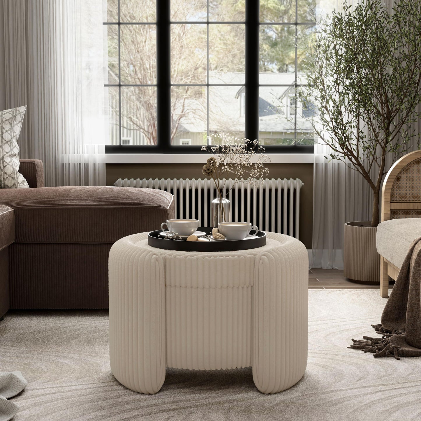 Furniture of America Lennox Modern Chenille 25-inch Round Storage Ottoman with Reversible Flip Top, Upholstered Footstool for Living Room, Bedroom, Entryway, Beige Pink