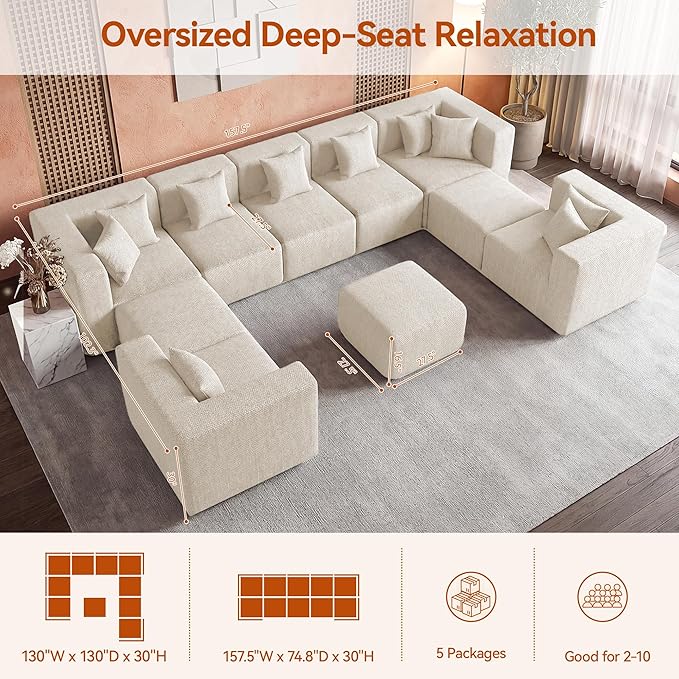 MONVANE Modular Sectional Sofa, Oversized 10 Seat Convertible U Shaped Couch