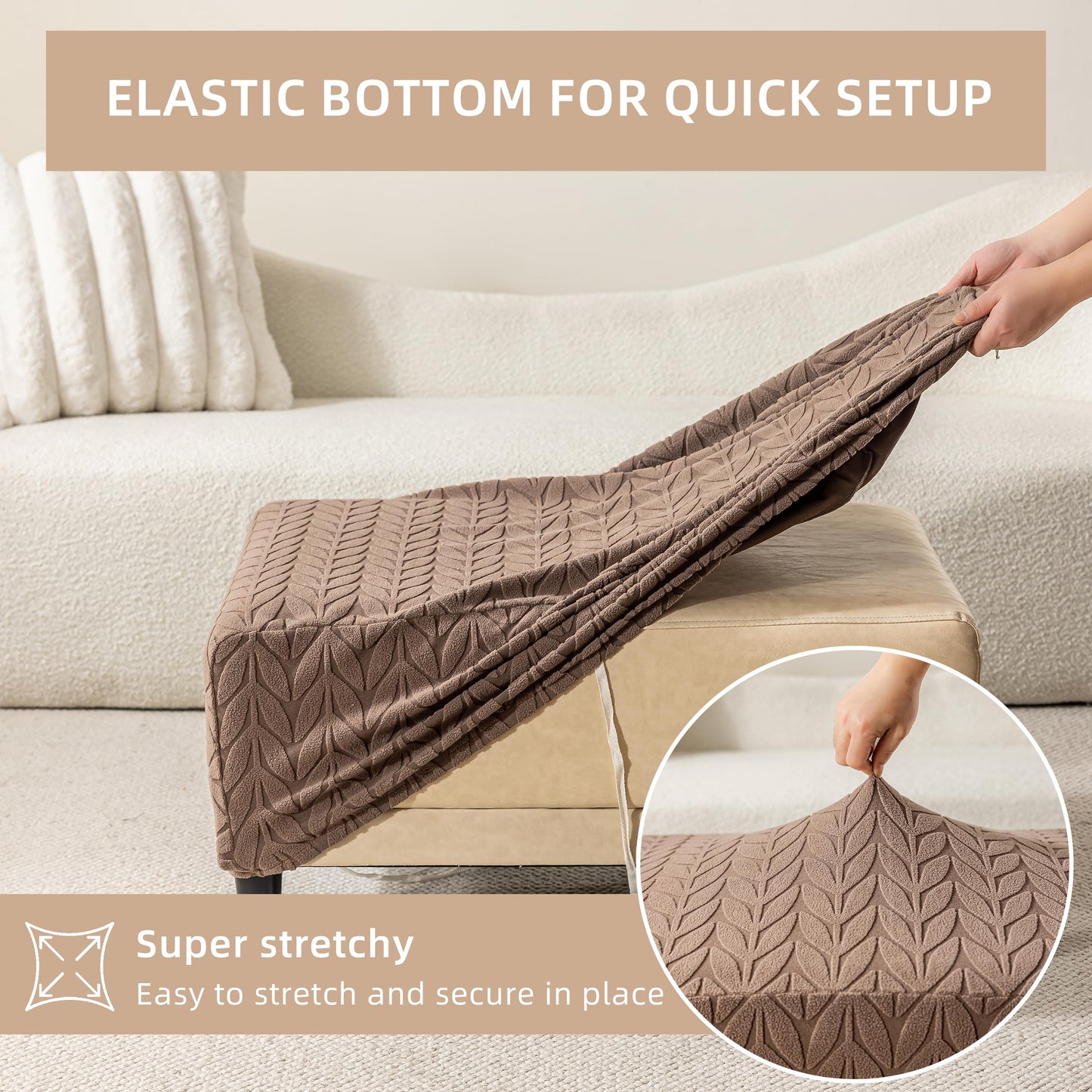 KaviKon Stretch Ottoman Cover Rectangle, Jacquard Foot Stool Slip Cover,Storage Footstool Furniture Protector with Elastic Band,Footrest Slipcovers Removable Washable(Small,Herringbone Coffee)