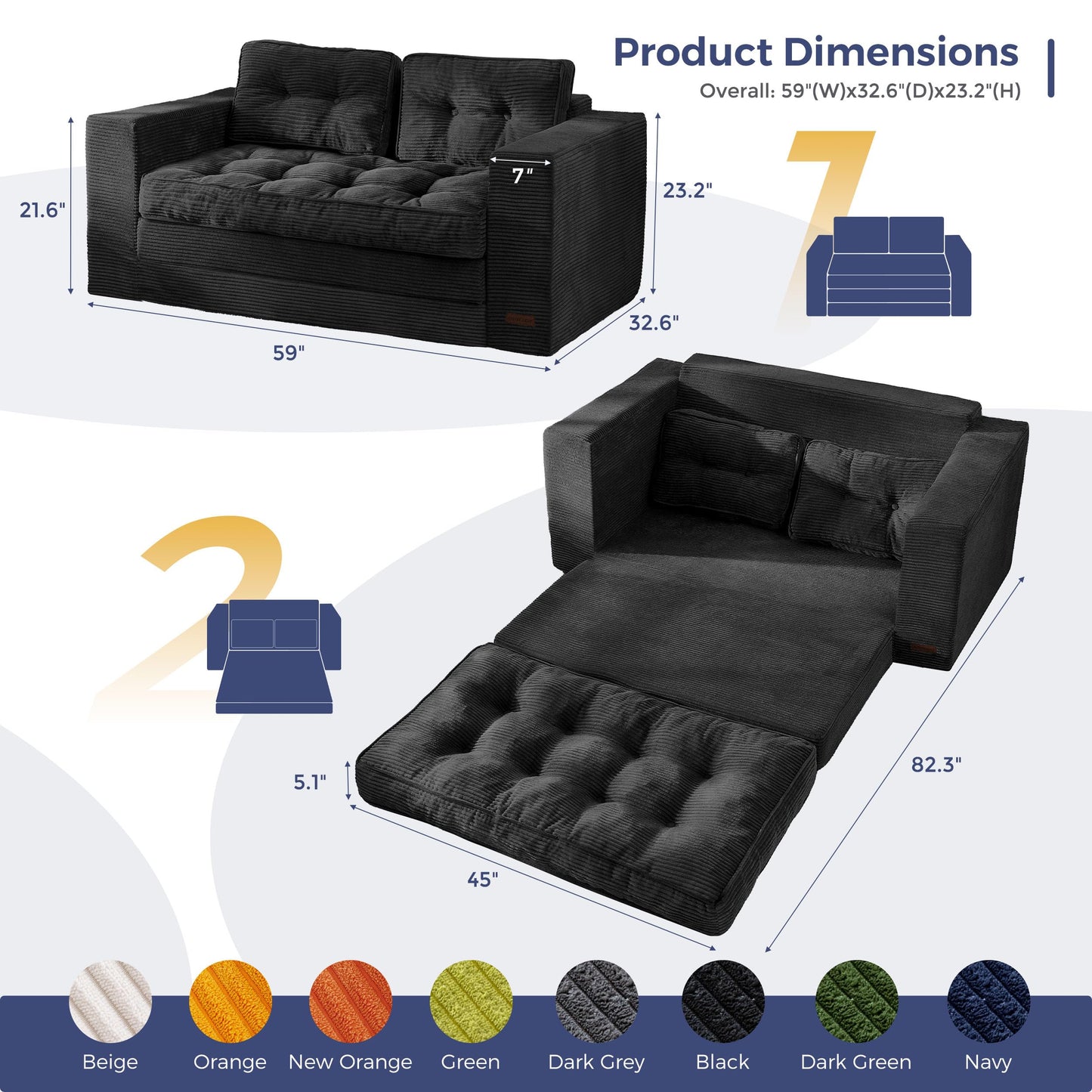 MAXYOYO Convertible Sofa Bed, Pull Out Loveseat Sofa Couch, 2 in 1 Folding Couch Bed, Fold Out Floor Couch with Pillows for Living Room Bedroom Lounge, Black