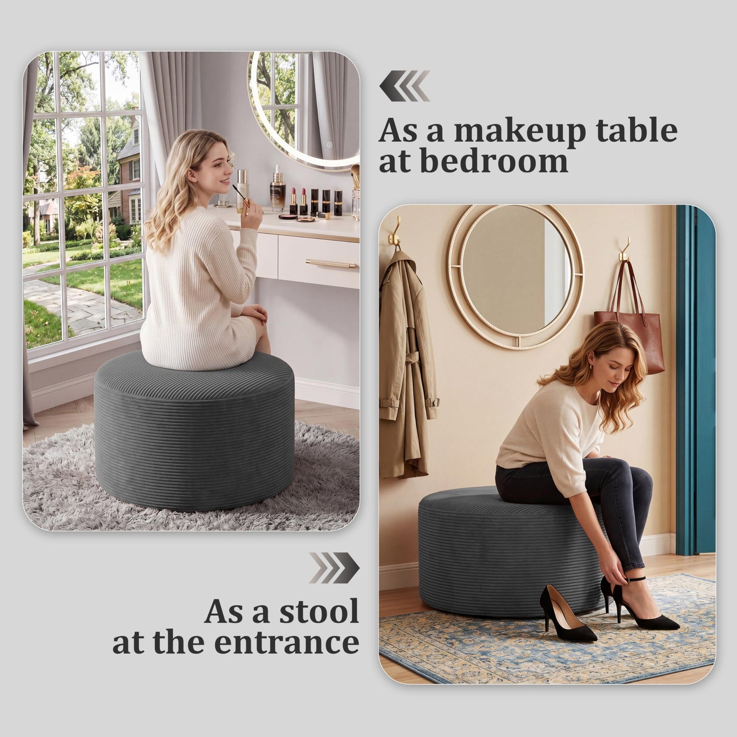 BSHOMGI Round Boneless Ottoman Oversized Ottomans for Living Room, Cloud Rectangle Pouf Coffee Table, Poofy Corduroy Foot Stoolsfor Living Room, Bedroom or Office