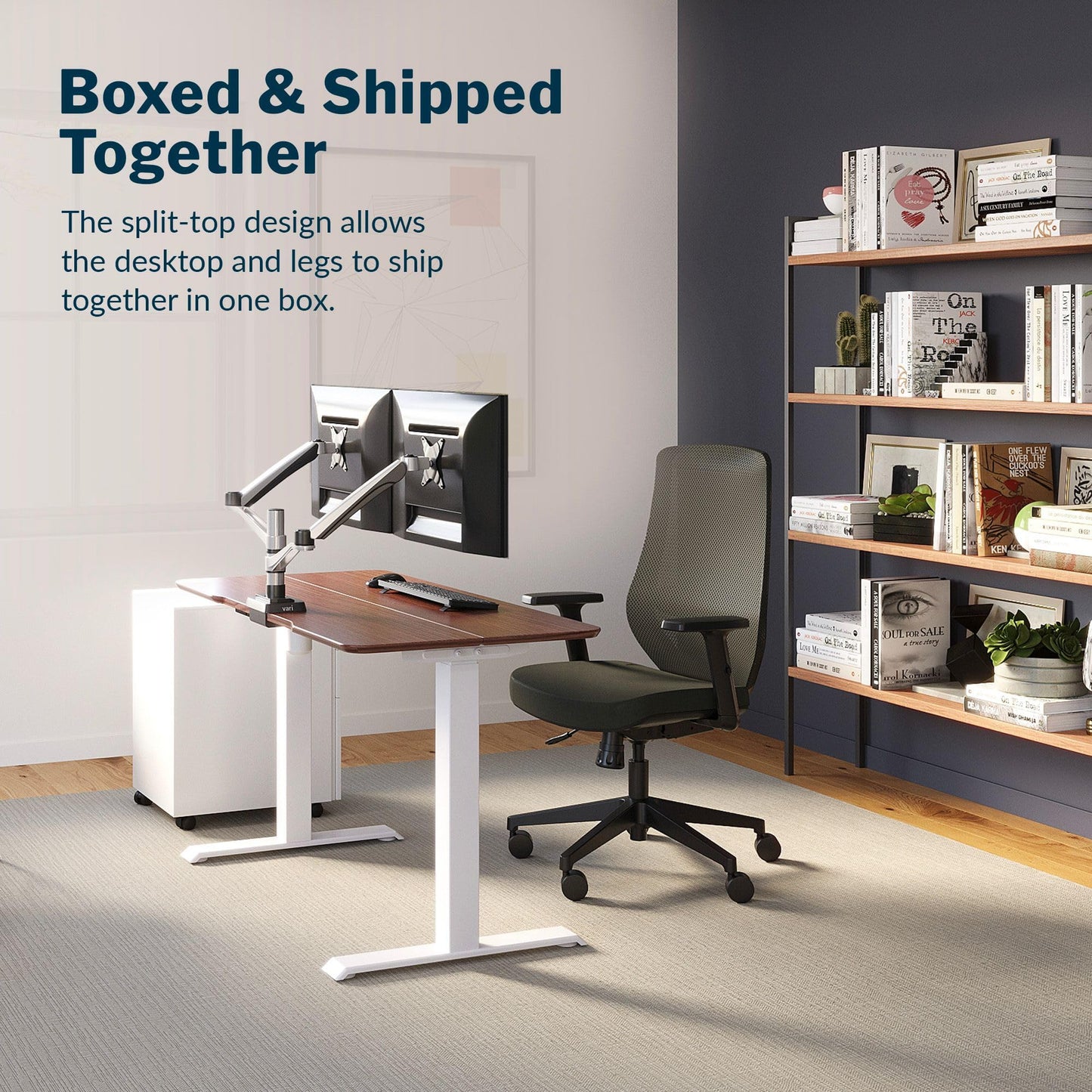Vari Essential Electric Standing Desk for Home Office – 48x24 Sit-Stand VariDesk, 4 Memory Height Presets, 2-Piece Laminate Wood Top, Sturdy T-Style Legs, Supports 150 Lbs + Easy Assembly (Hazel Wood)