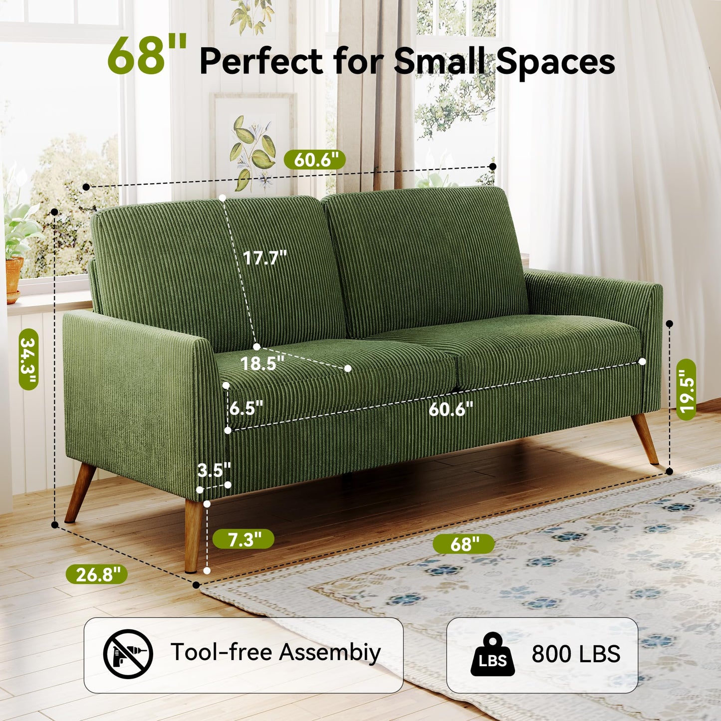 AMICLIBER 68" Loveseat Sofa, Comfy Green Corduroy Couches for Living Room, Mid Century Modern Love Seat Sofa, Tool-Free Setup Small Couches for Bedroom Office