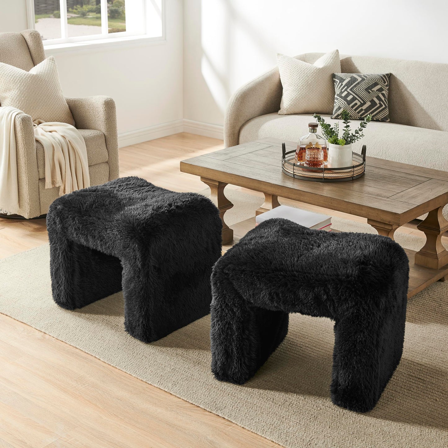 Roundhill Furniture Zorya Contemporary Faux Fur U-Shaped Ottoman, Set of 2, Black