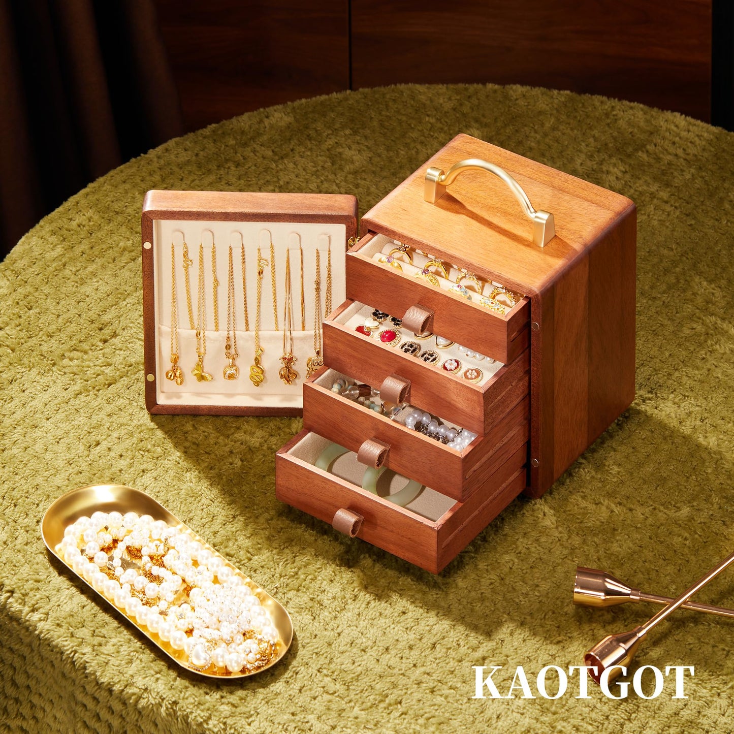 KAOTGOT Wooden Jewelry Box for Women 4 Tier Walnut Wooden Jewelry Box with handle (Butterfly Prints B)