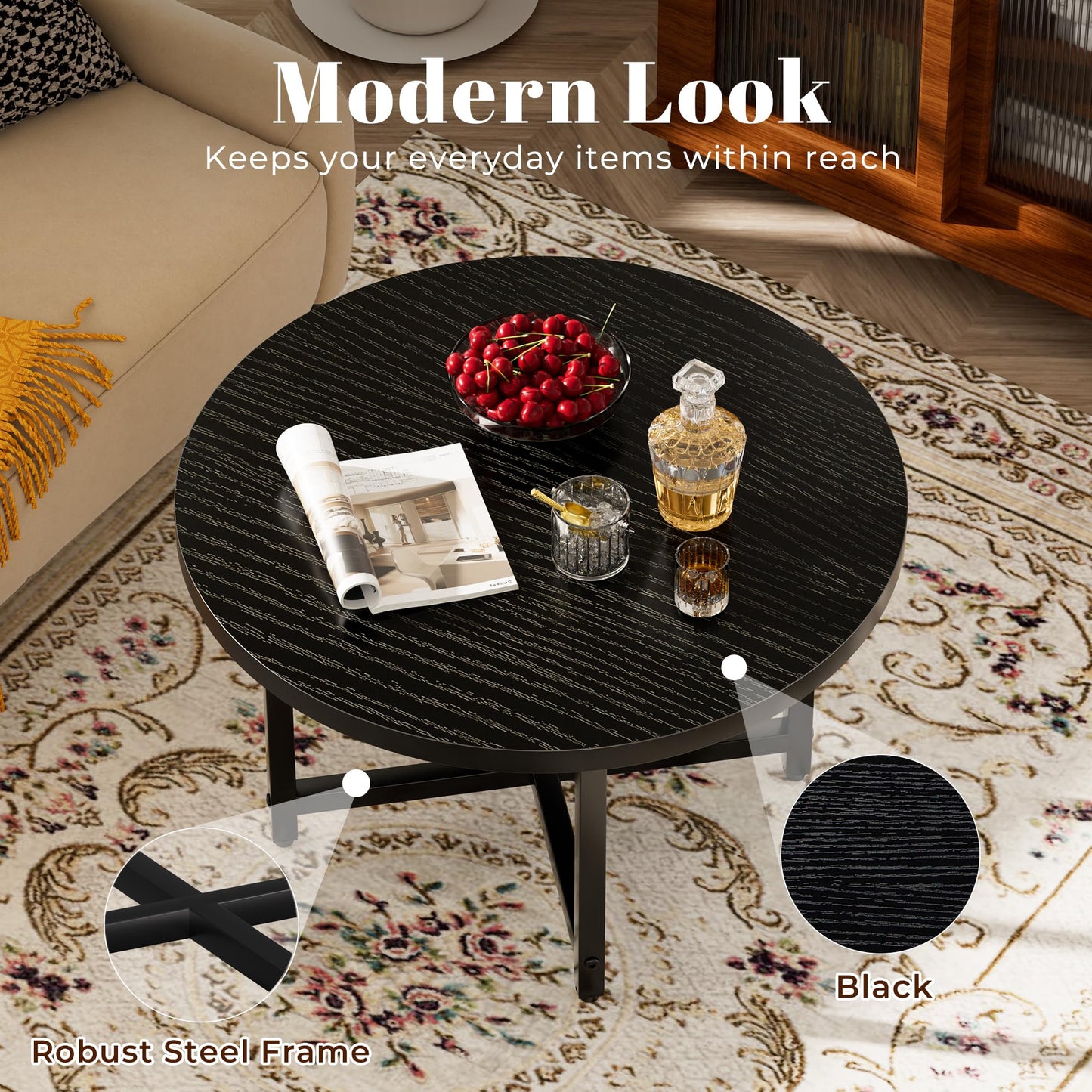 FAMIDGE Round Coffee Table, Small Coffee Tables for Living Room, Black Coffee Table with Metal Frame, Floor Table Desk for Sitting on The Floor, Home, Office, Farmhouse, Black (23.6" D x 17.7" H)