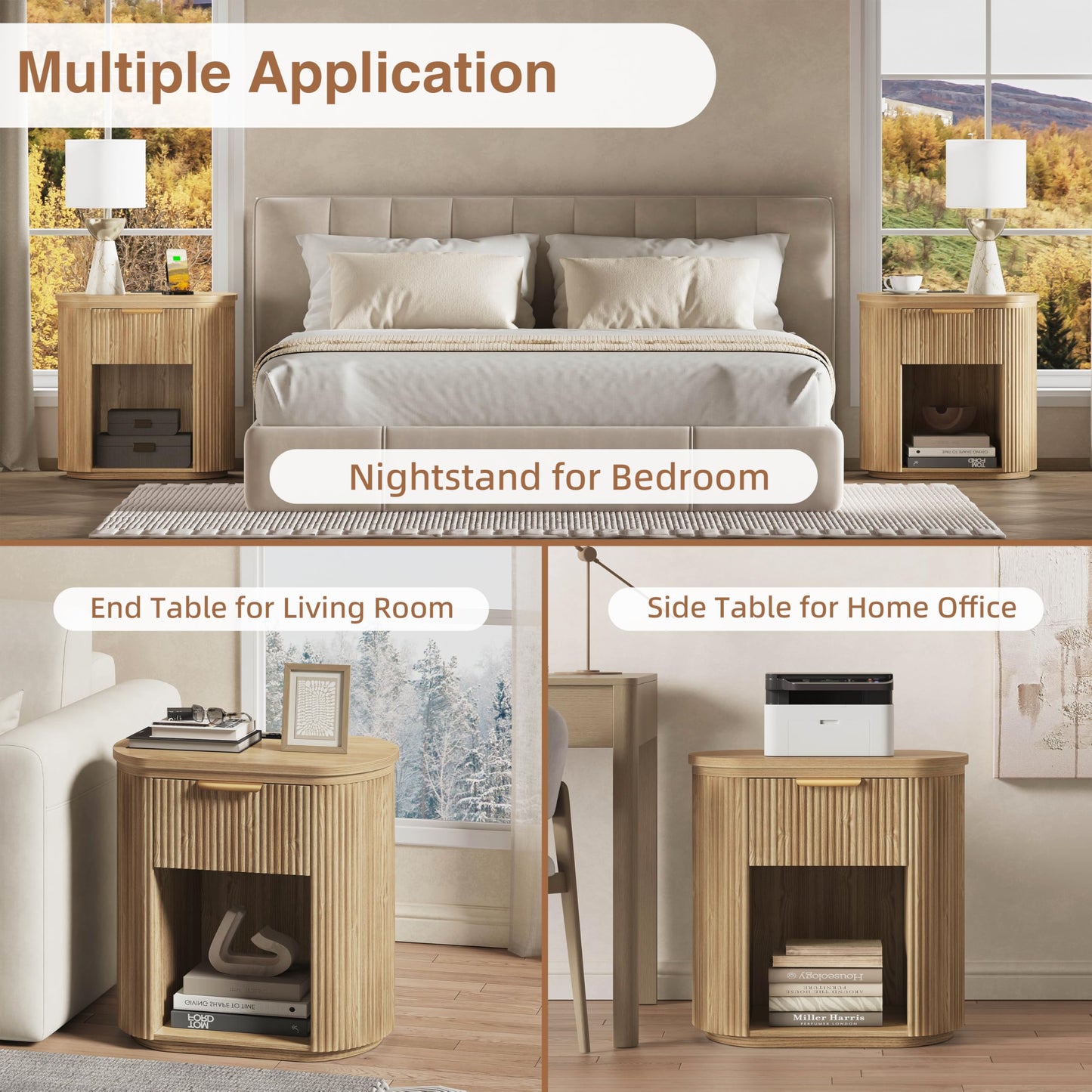 Fluted Nightstand with Charging Station, 23.6" Large Bedside Side Table with Drawer, Wood End Table with Storage, Curved Round Corner, Furniture Bedroom Sofa, Mid Century Modern, Farmhouse Boho,Oak