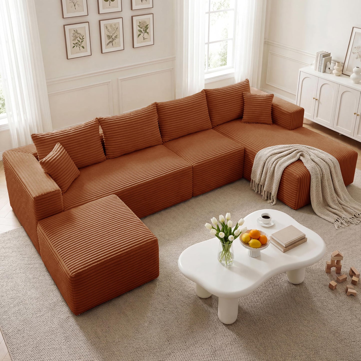 27.56'' Plush Fluffy Corduroy Poofy Ottoman in a Box for Boneless Sofa Couch, Modern Compressed Foot Rest, Small Comfy Rectangle Boneless Pouf Footstool Ottoman for Living Room, Bedroom, Orange
