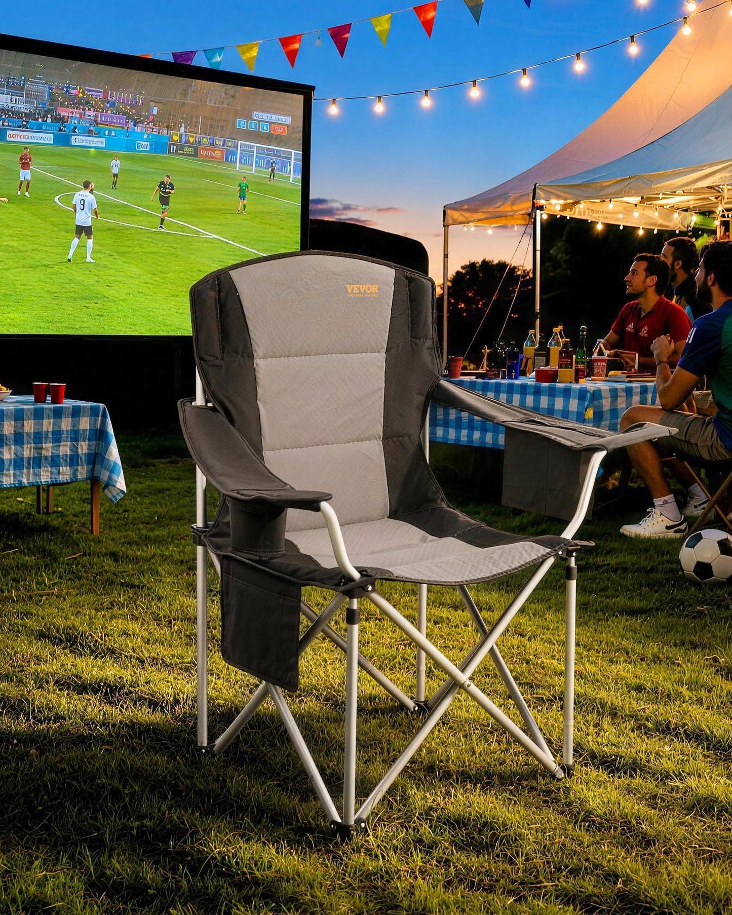 VEVOR Oversized Camping Folding Chair, Portable Heavy Duty Outdoor Quad Lumbar Back Padded with Side Pockets, Cup Holder and Cooler Bag for Beach, Lawn, Picnic, Fishing, Backpacking, Black