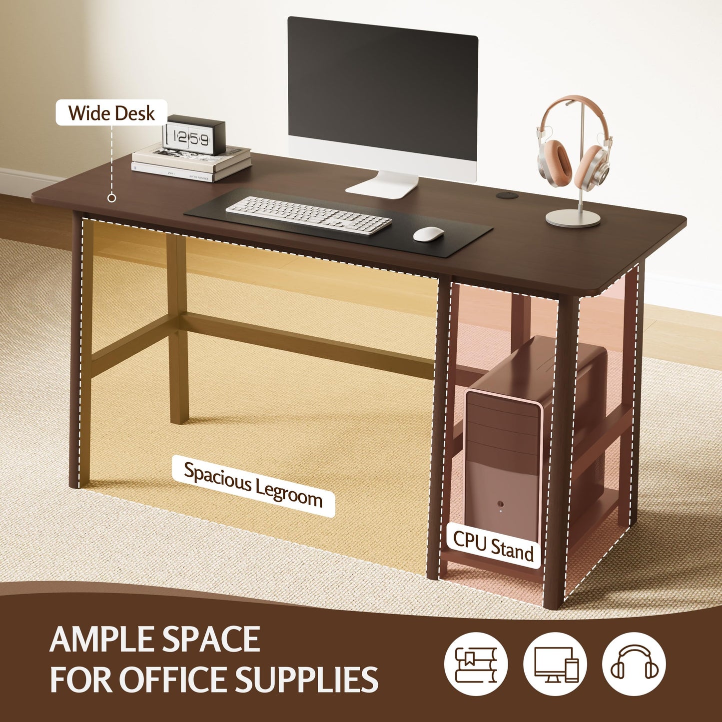 NELYE Solid Wood Computer Desk - 52" W x 24" D Modern Minimalist Table with Shelf，Sturdy Computer Workstation for Home Office, Oak